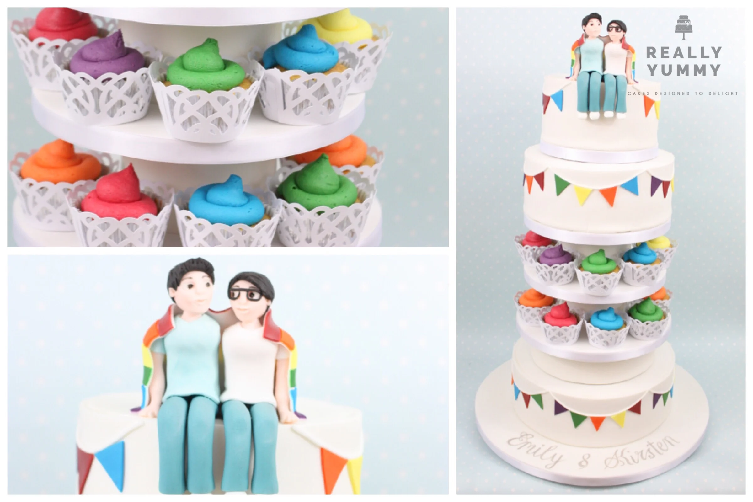 Rainbow-themed wedding cake, with multi-coloured cupcakes