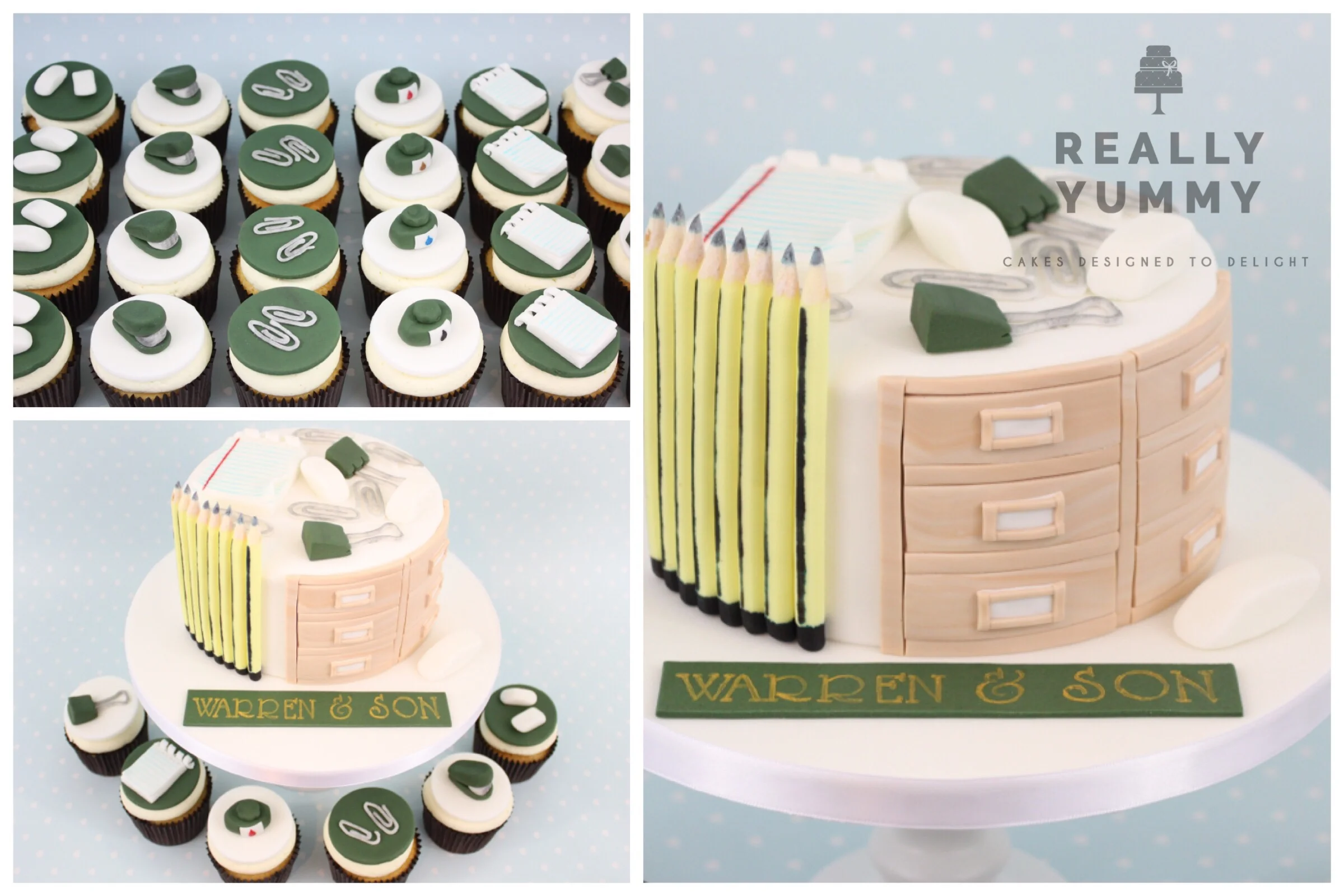 Stationery cake and cupcakes