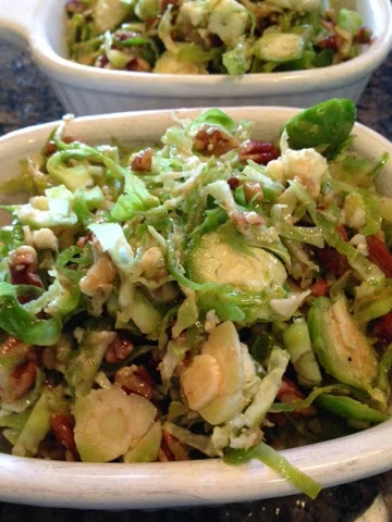 I used 2 cups Brussels sprouts (all I got from the garden) and halved the dressing amounts to get a perfect side-salad for just my husband and I. Did you know Brussels sprouts are his favorite vegetable? He even likes 'em boiled and soggy. True story.