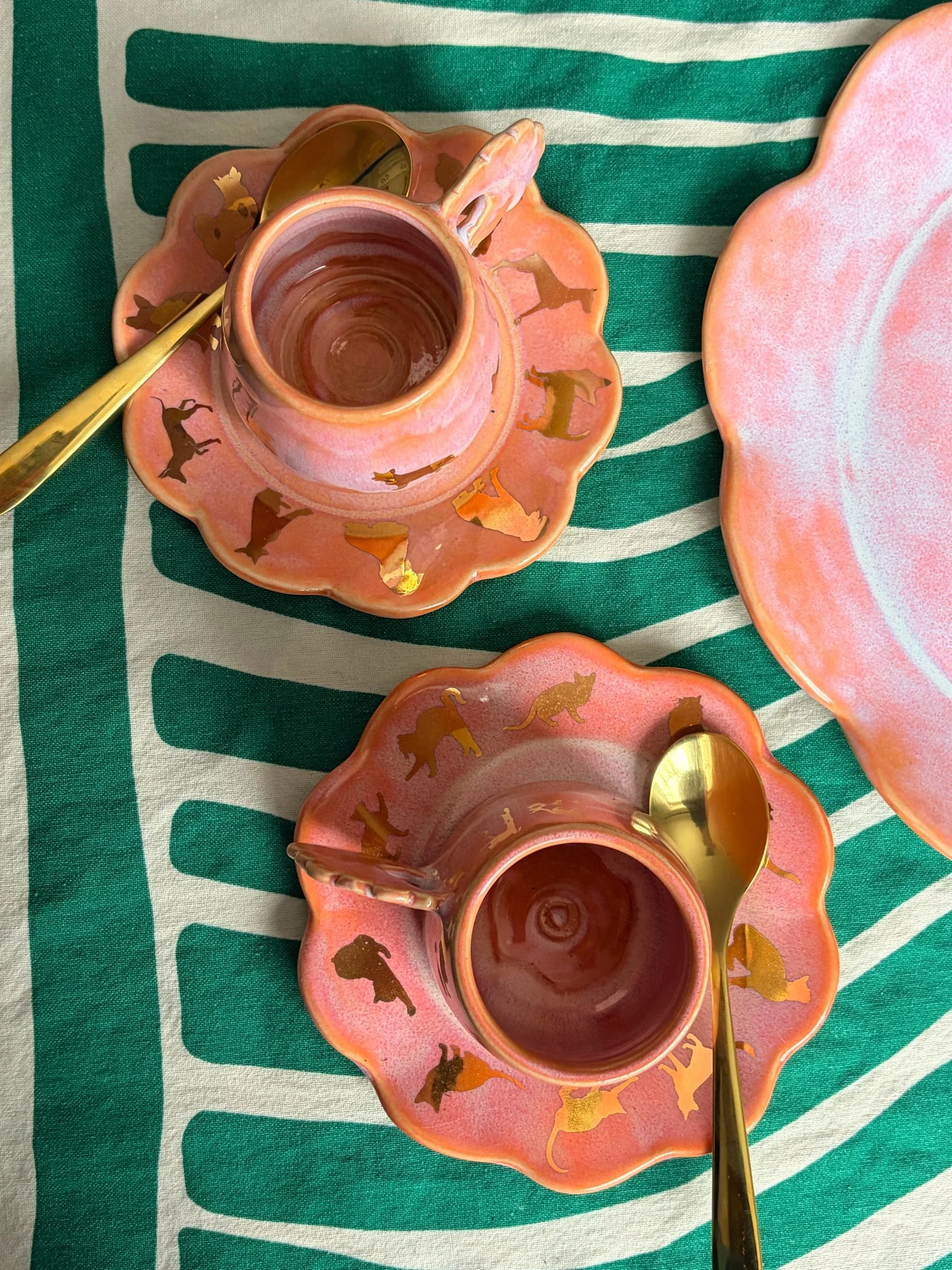 READY TO SHIP Golden Kitten and Puppy Heirloom Espresso Cup and Saucer Sets