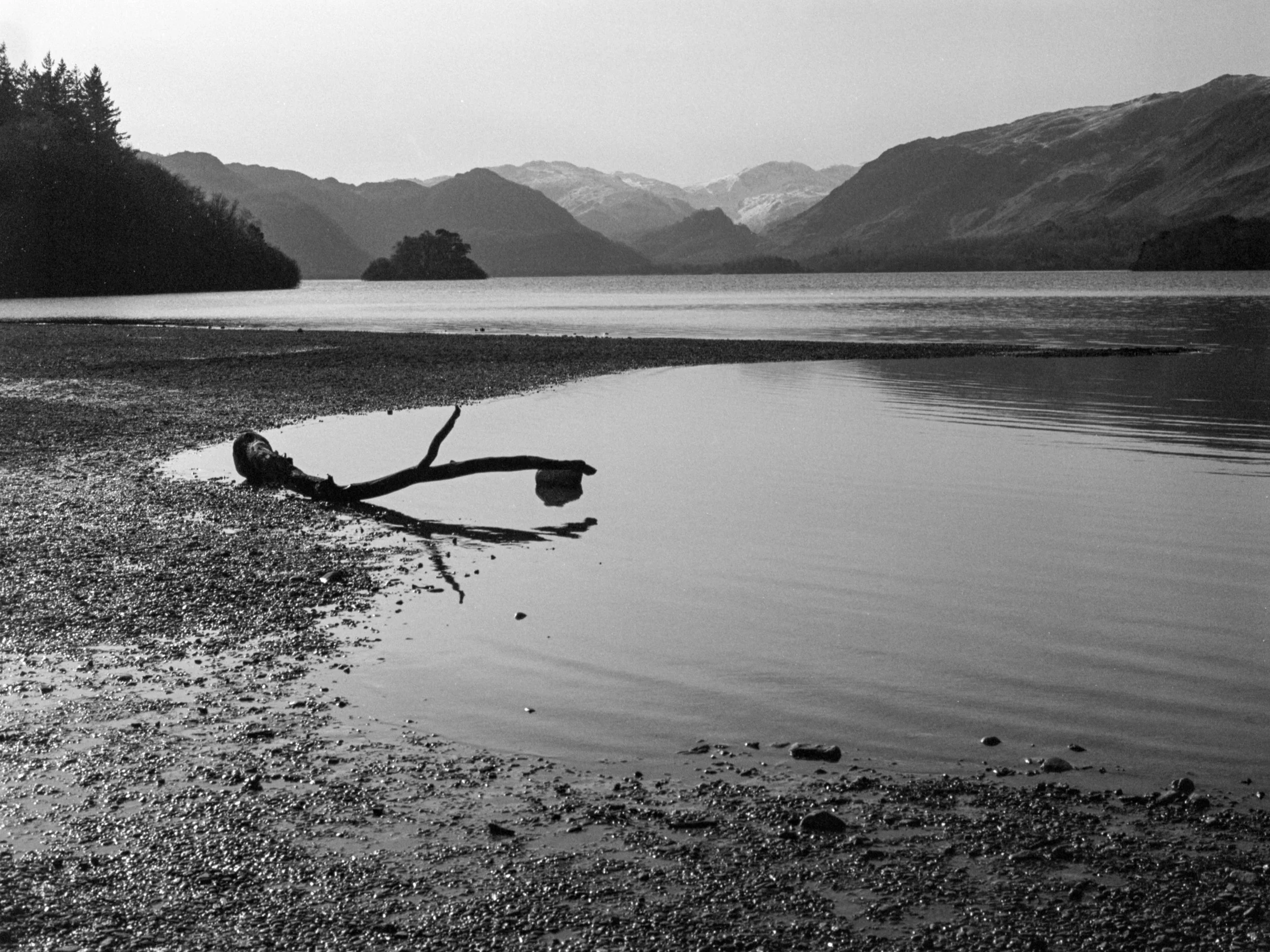 A black and white photo of Derwentwater lakeshore with a tree branch in the foreground and the gates of Borrowdale in the background.