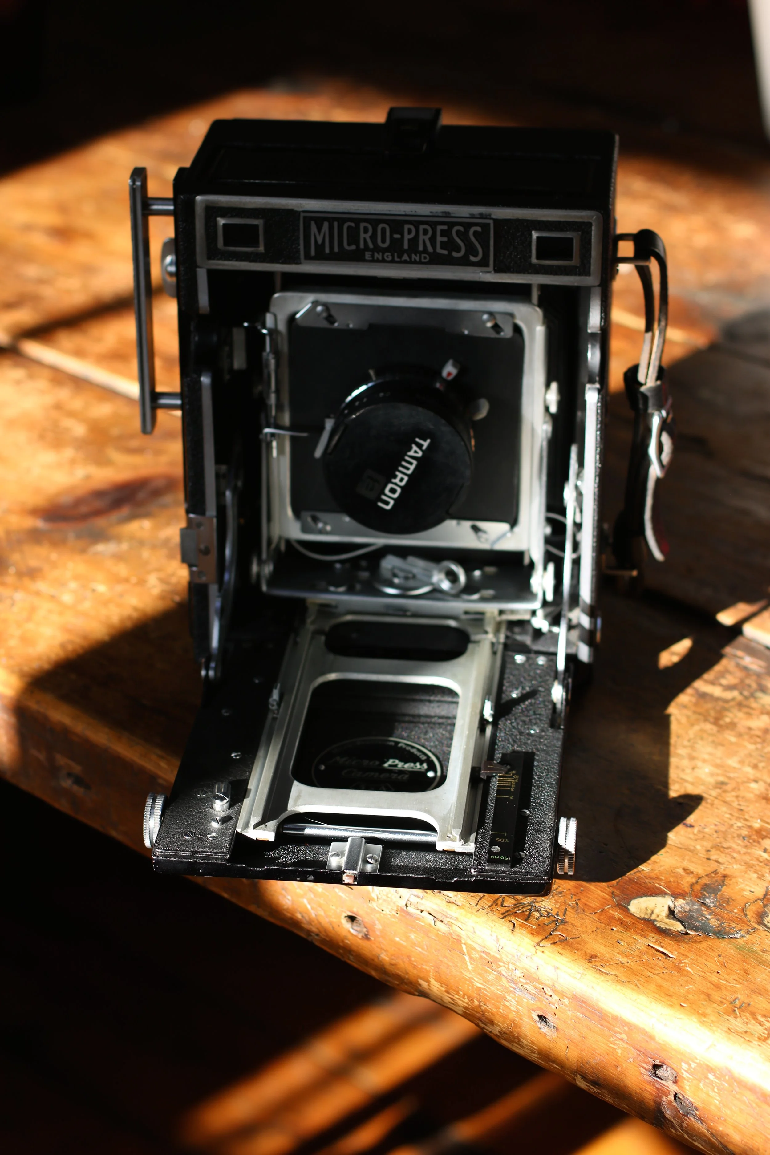 The vintage large format camera, with modified lens board as the one I ordered didn't arrive! Made from a DVD box.