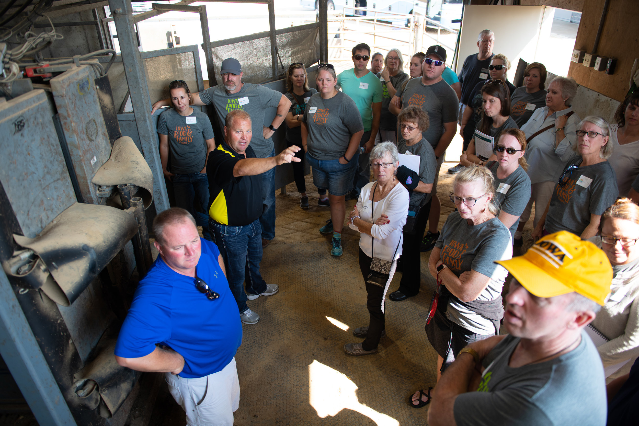 Steve and Marty Schwers explain feed rations and antibiotic use on their cattle farm in New Vienna. Photo credit: Joseph L. Murphy/Iowa Soybean Association