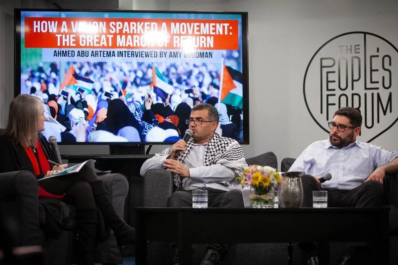Democracy Now's Amy Goodman interviewing Ahmed Abu Artema and AFSC's Jehad Abusalim at The Peoples Forum in NYC on March 14.