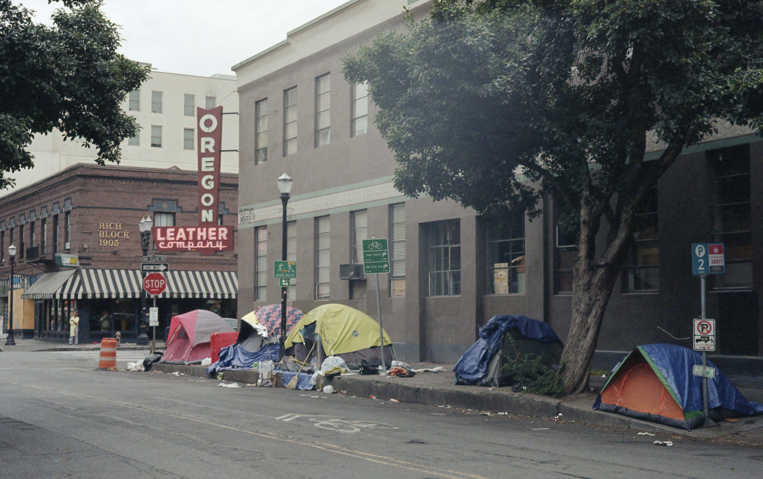 Tents and Oregon Leather Company, NW 2nd and NW Couch, Portland OR, September 2021