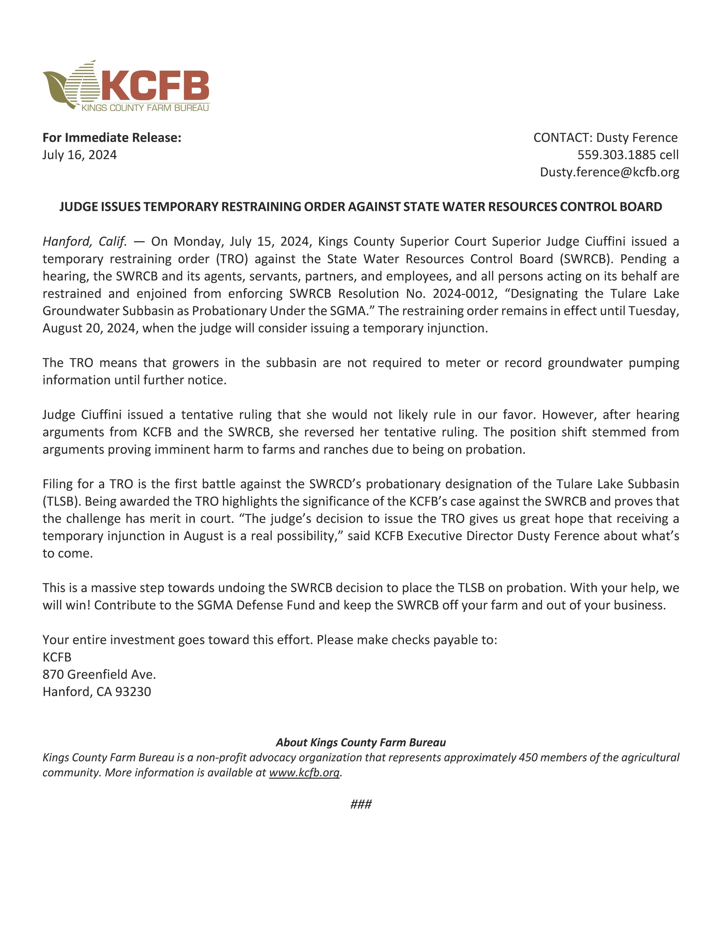 KCFB WINS FIRST ROUND AGAINST SWRCB