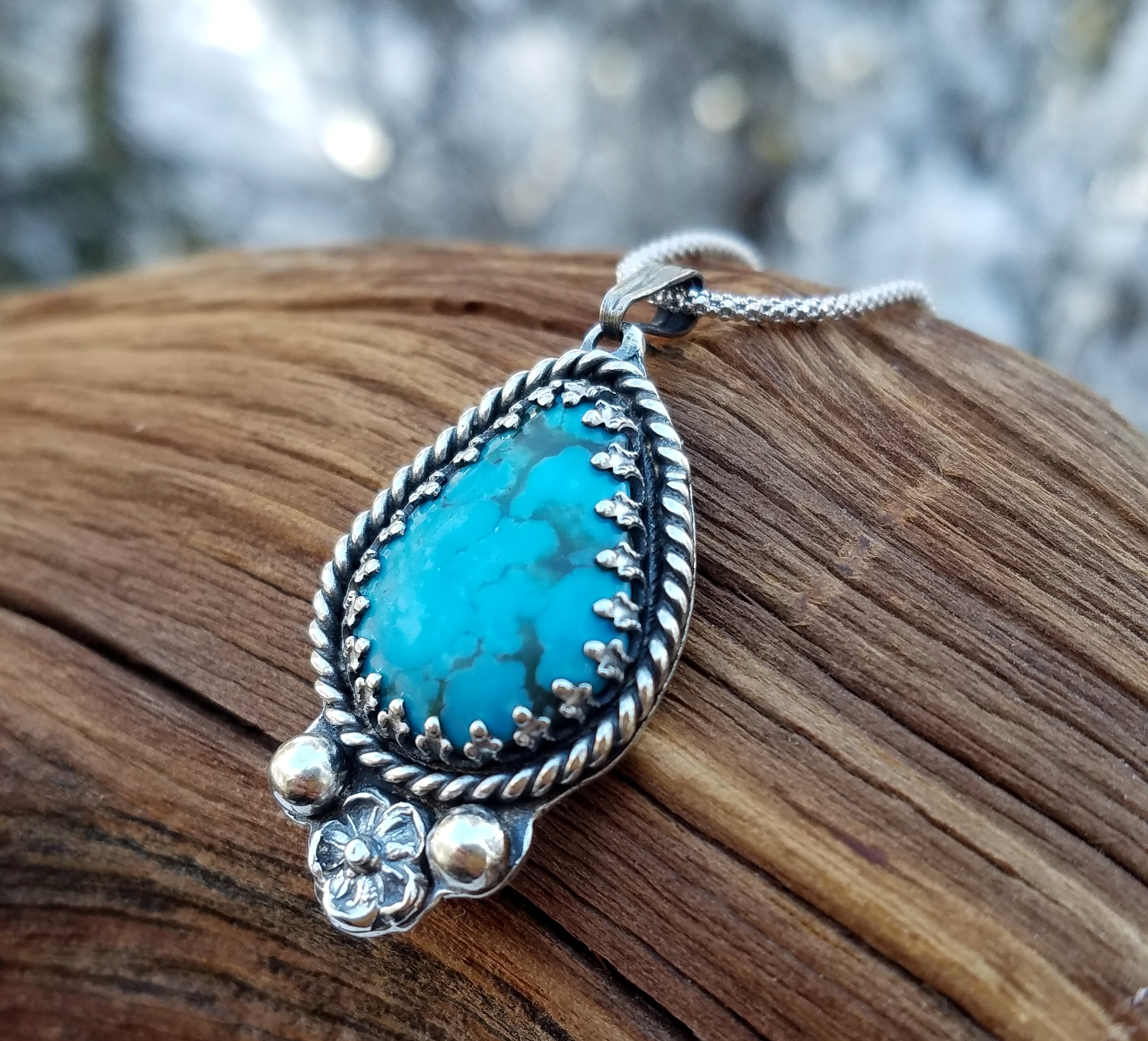 Handcrafted Artisan Jewelry ~ Kingman Turquoise ~Vibrant! ~ Poke Berry Flower ~ Sterling Silver Necklace ~ Made in California by All Goods From The Woods