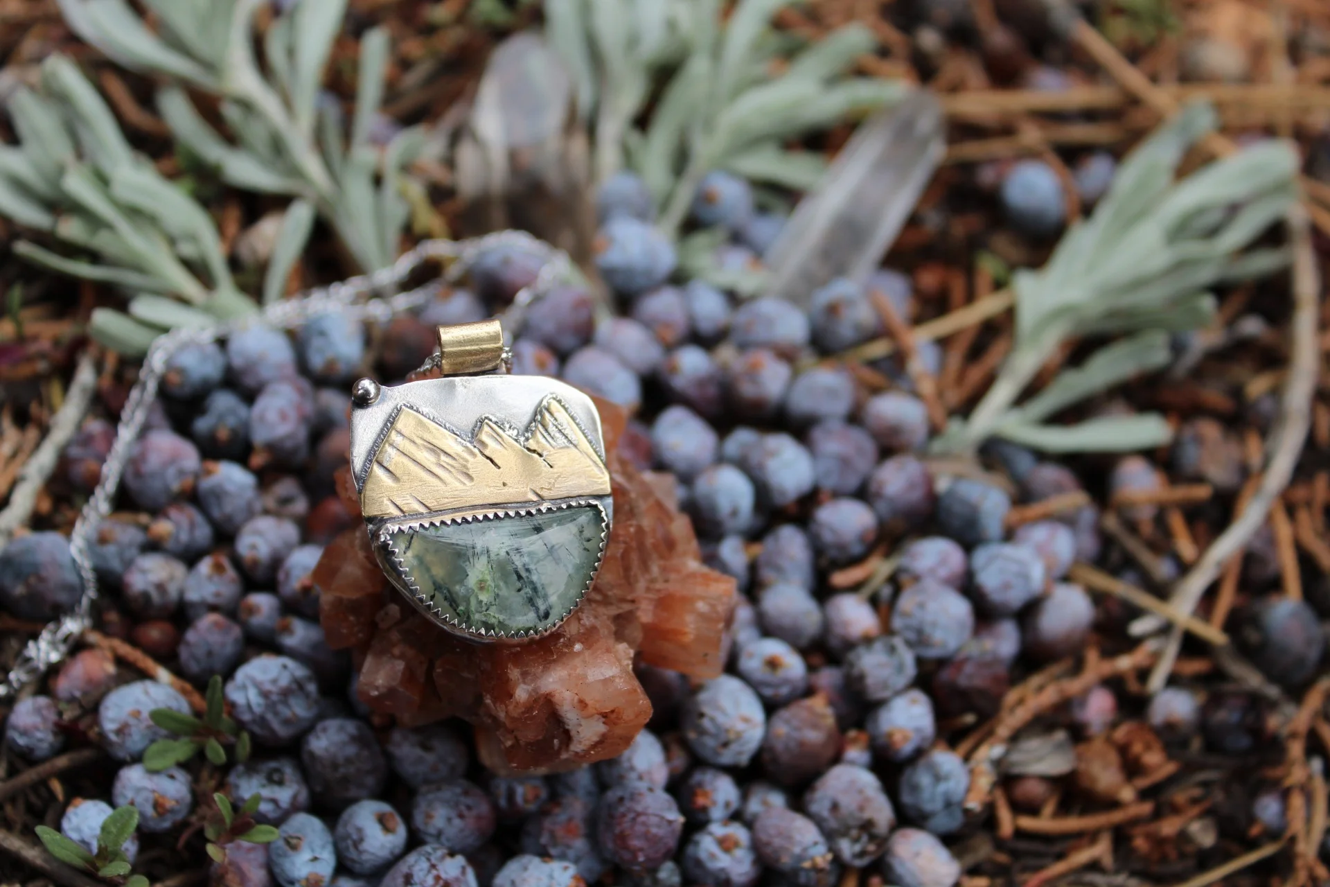 Prehnite + the "Range of Light" Mountains ~ Mixed Metal Necklace ~ Sterling Silver + Brass Handcrafted Artisan Jewelry