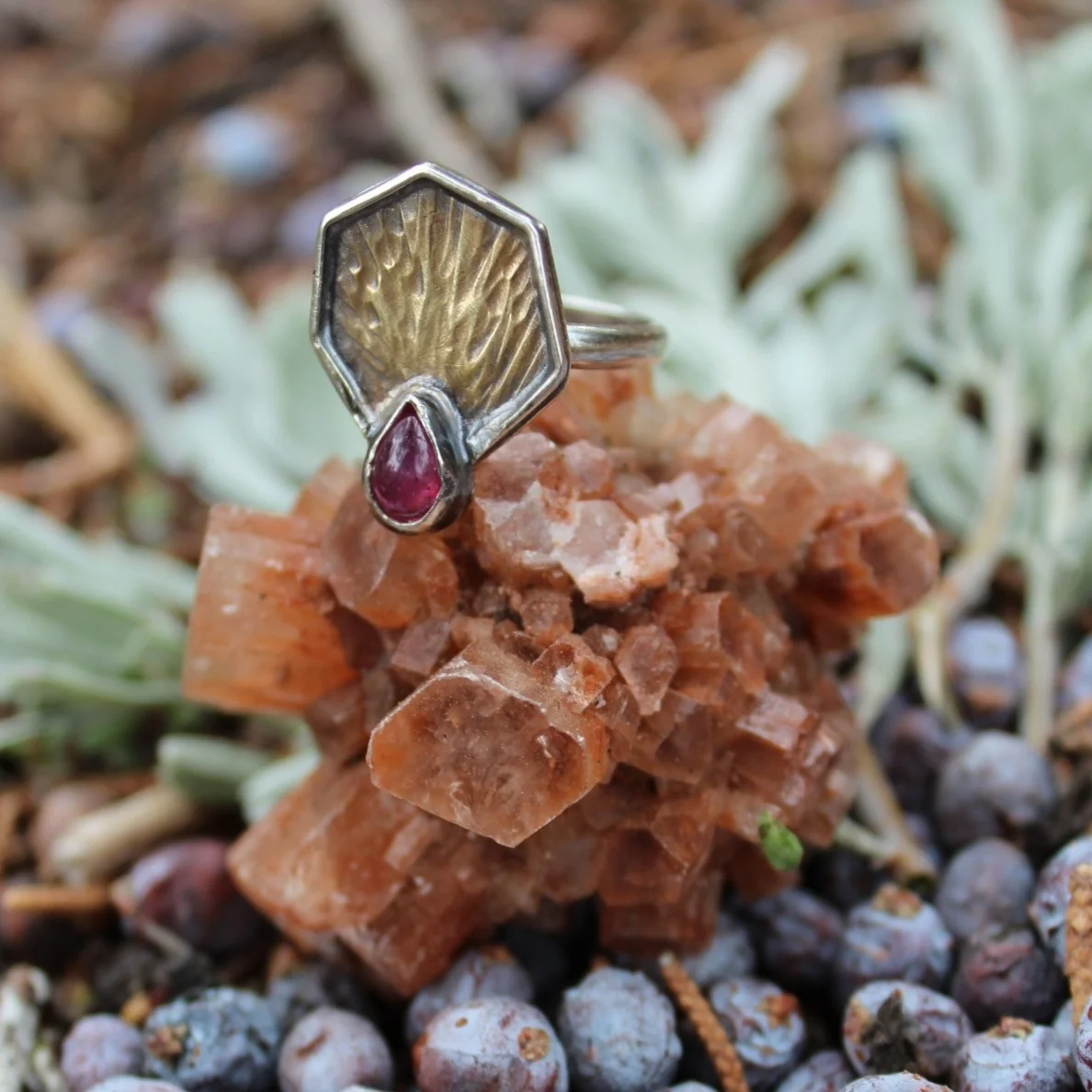 Ruby Teardrop in the Honeycomb ~ Mixed Metal ~ Sterling Silver + Brass Ring - Size 7.5 - Handcrafted Artisan Jewelry - Made in California