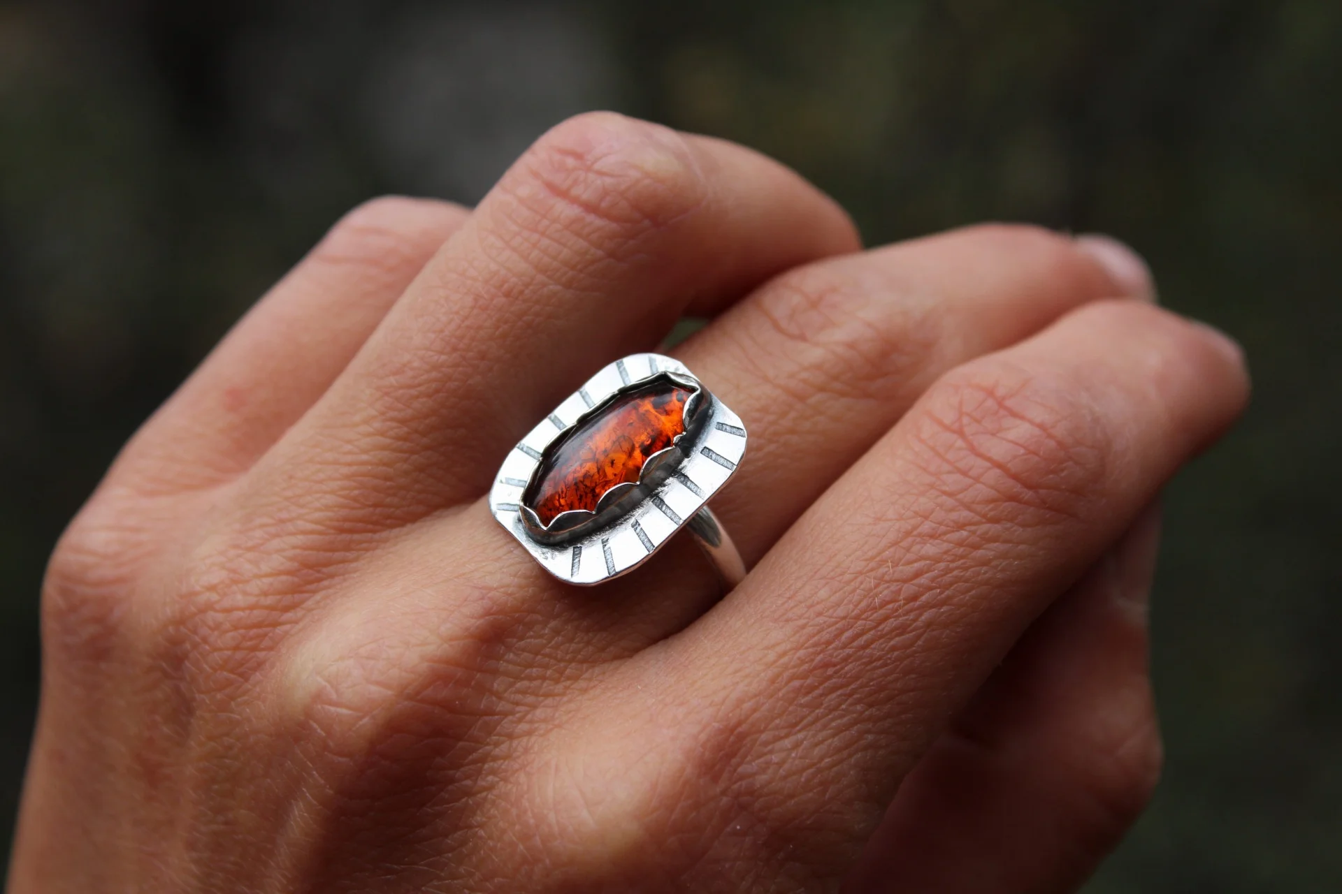 Handcrafted Artisan Jewelry ~ Amber ~ Sun Beaming ~ Sterling Silver Adjustable Ring ~ Made in California by All Goods From The Woods