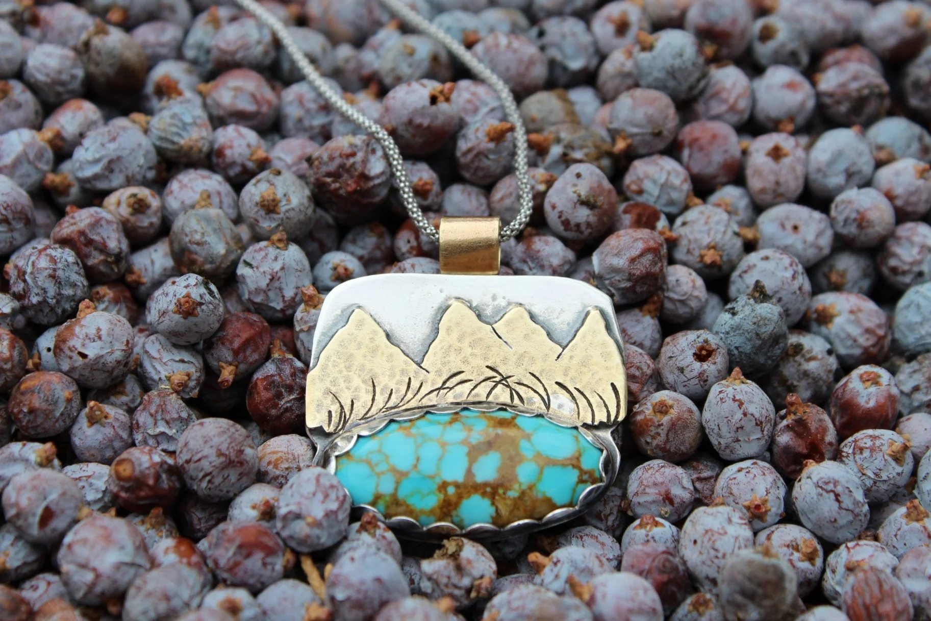 Handcrafted Artisan Jewelry ~ Range of Light ~ Eastern Sierras through the Meadow ~ Kingman Turquoise ~ Large Pendant ~ Mixed Metal ~ Made in California by All Goods From The Woods