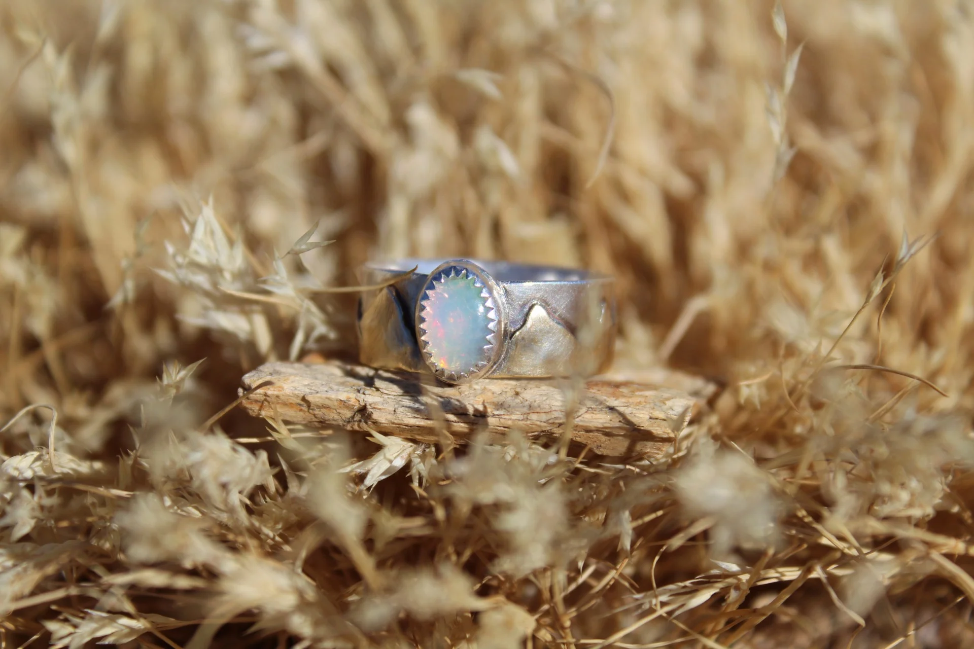 Handcrafted Artisan Jewelry ~ Opal + Mountains  ~ Mixed Metal Ring - Size 9 ~ Made in California by All Goods From The Woods
