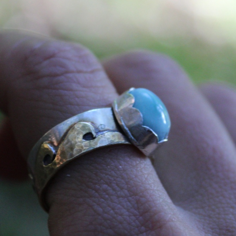 Handcrafted Artisan Jewelry ~ Larimar + Textured Waves ~ Mixed Metal Ring - Size 8.5 ~ Made in California by All Goods From The Woods