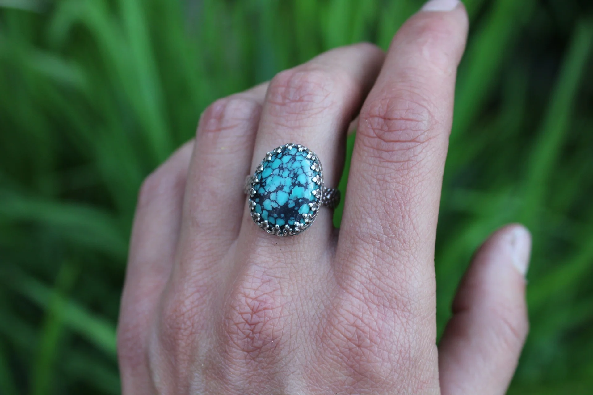 Handcrafted Artisan Jewelry ~ Kingman Spiderweb Turquoise ~ Goddess Setting ~Snakeskin Band ~ Sterling Silver Ring - Size 8 ~ Made in California by All Goods From The Woods