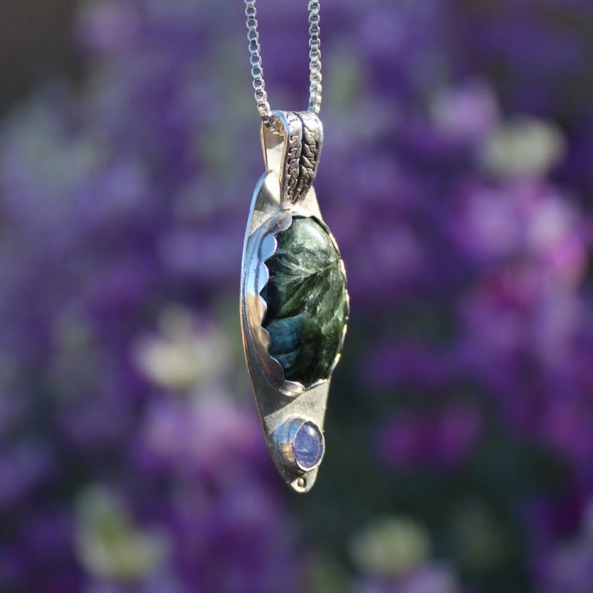 Handcrafted Artisan Jewelry ~ Seraphinite + Tanzanite ~ Lavender Leaf Necklace ~ Living Among the Wildflowers~ Sterling Silver + Fine Silver Necklace ~ All Goods From The Woods ~ Made in California