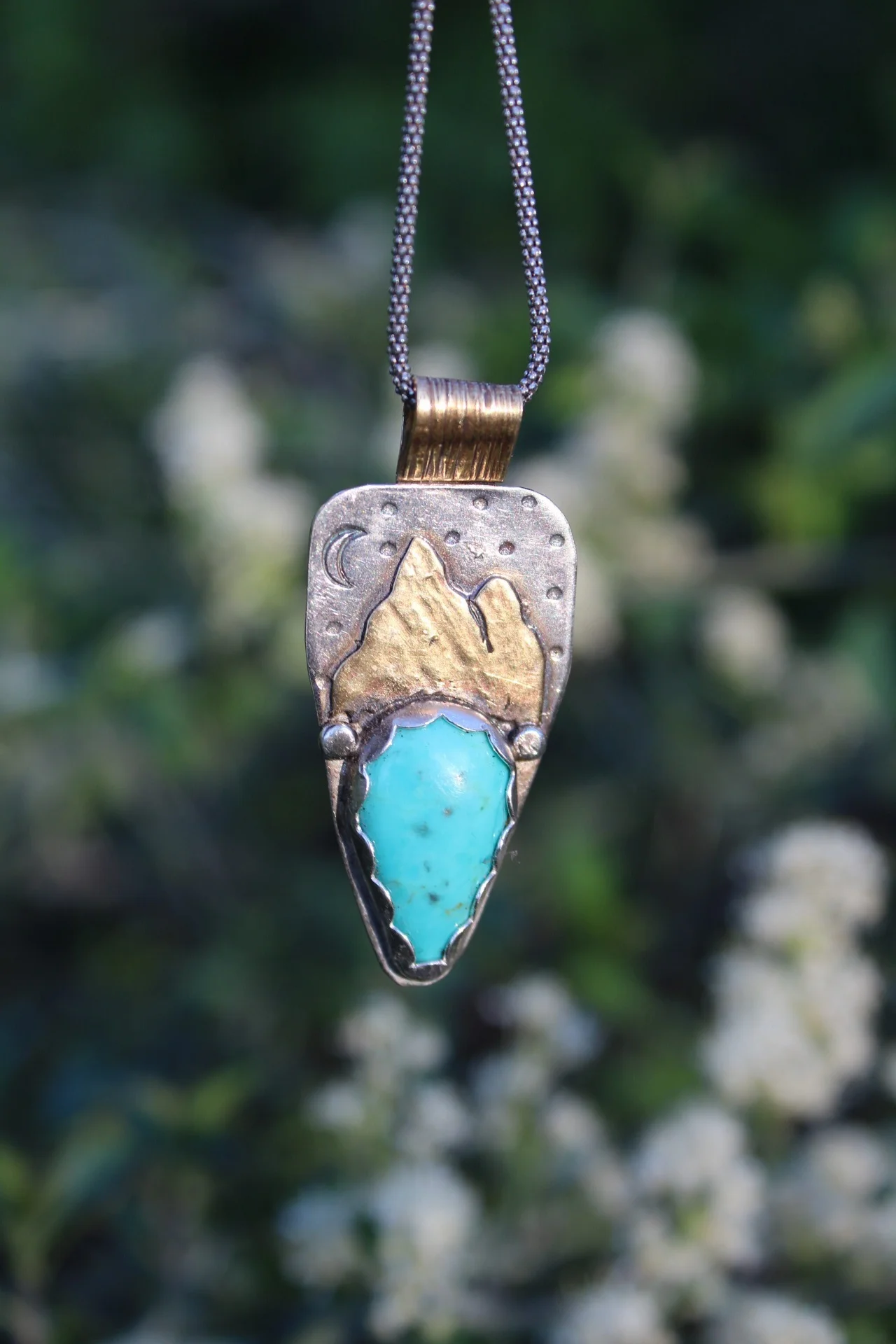 Handcrafted Artisan Jewelry ~Kingman Turquoise ~ Night Sky ~ Mount Tom~ Mixed Metal Necklace  ~ Made in California by All Goods From The Woods