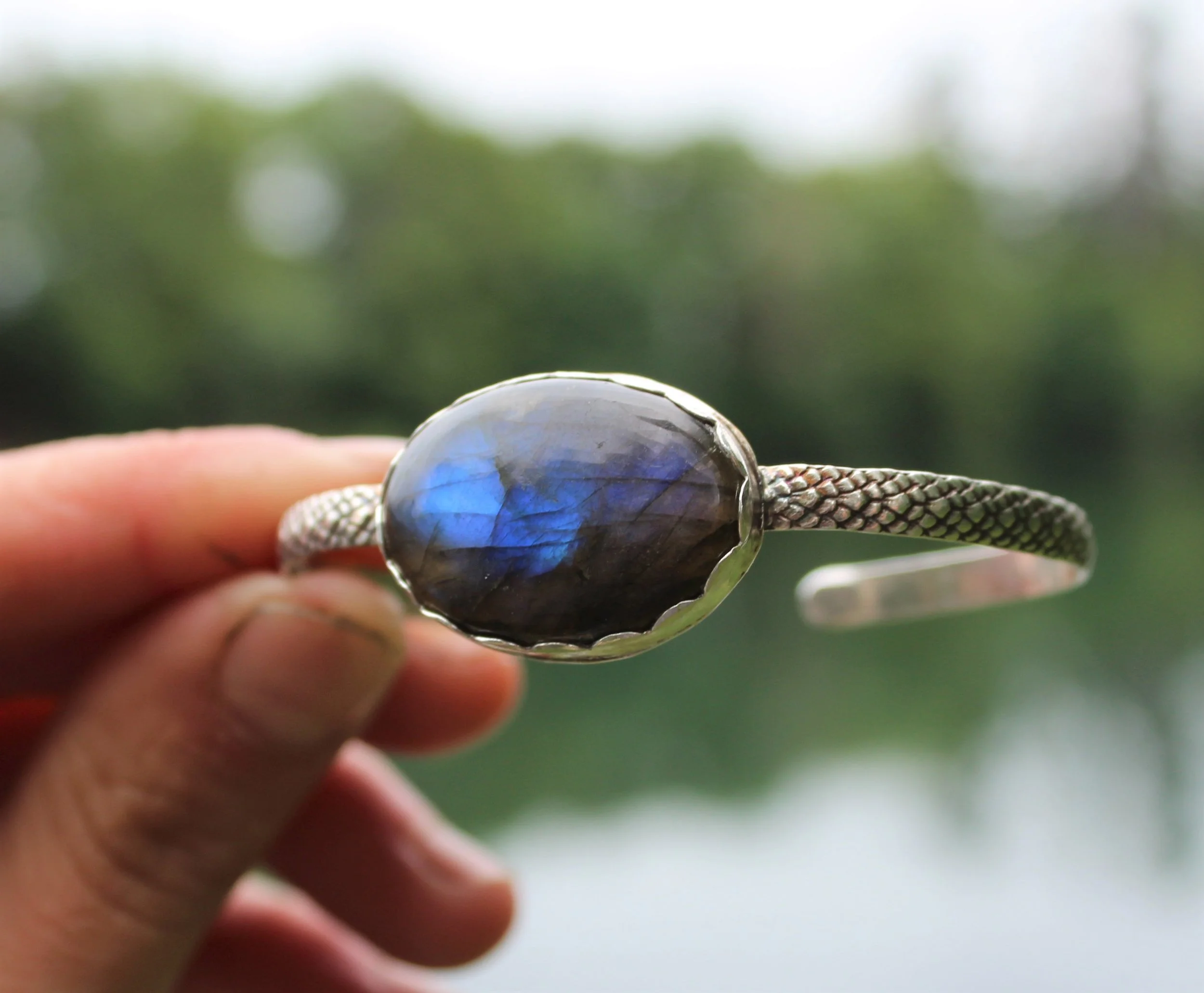 Handcrafted Artisan Jewelry ~ Labradorite + Snakeskin Cuff ~ Sterling Silver ~ All Goods From The Woods ~ Made in California