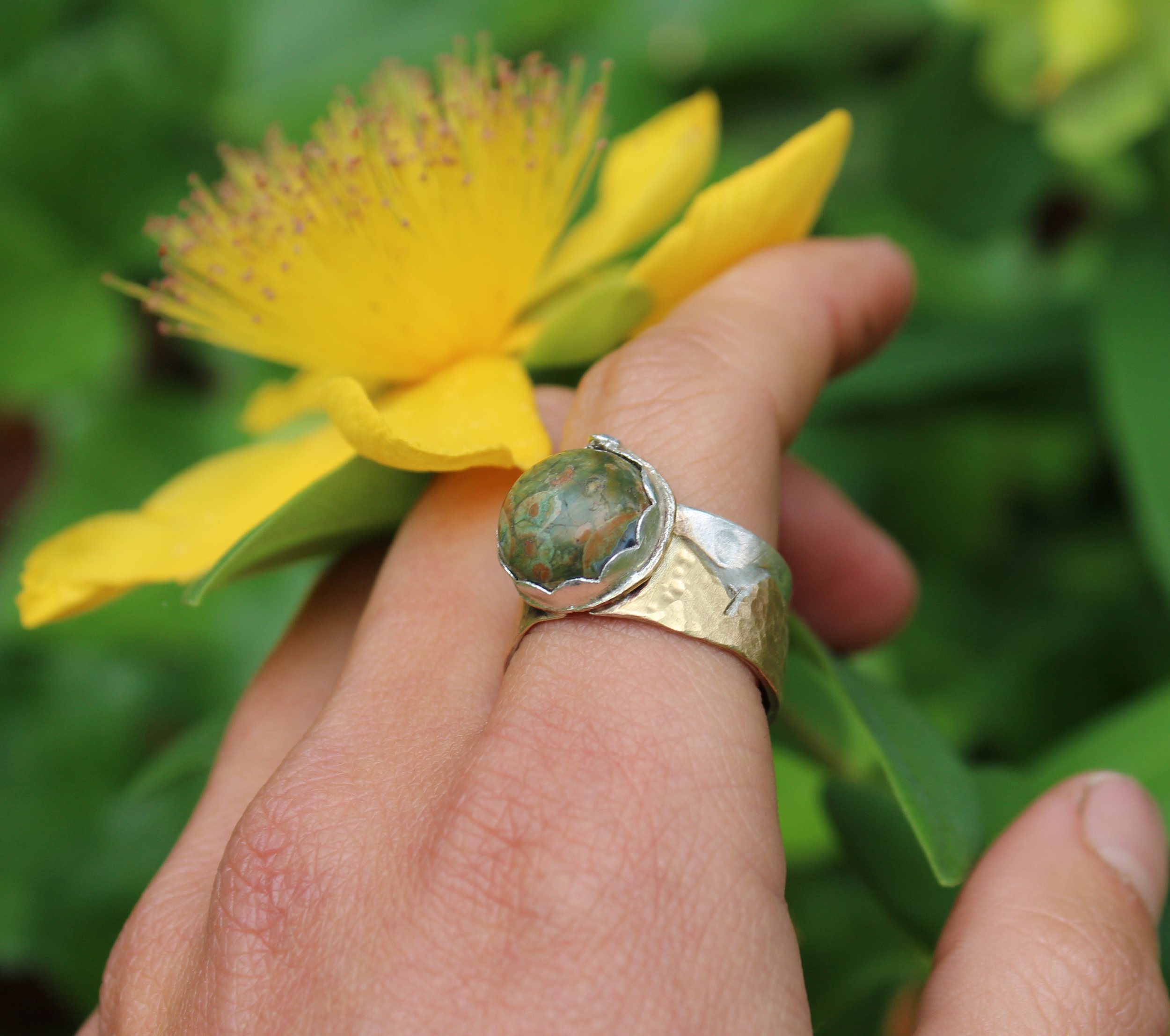Handcrafted Artisan Jewelry ~ Rainforest Jasper + Mountain Range Ring ~ Mixed Metal - Size 9.25 (wide band) ~ All Goods From The Woods ~ Made in California