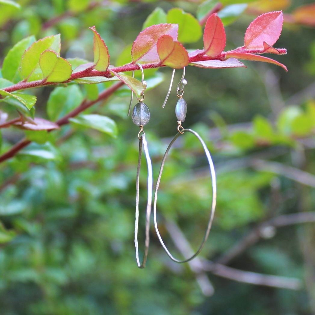 Handcrafted Artisan Jewelry ~ Labradorite Hoop Earrings ~ Mixed Metals ~ Sterling Silver + Bronze ~ All Goods From The Woods ~ Made in California
