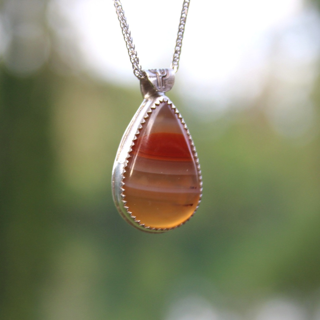 Handcrafted Artisan Jewelry ~ Carnelian Agate ~ Simple Sterling Silver Necklace ~ All Goods From The Woods ~ Made in California