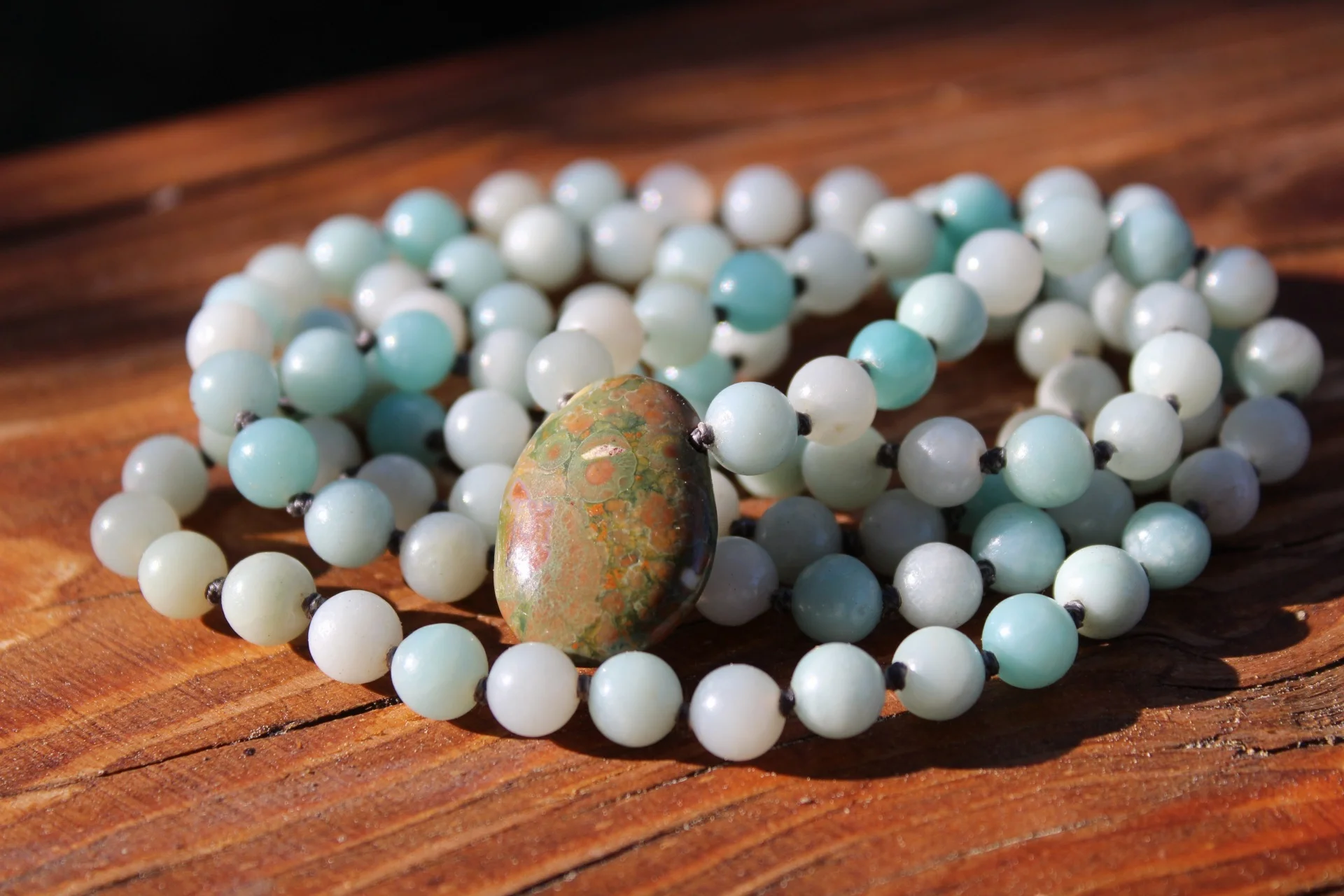  Handcrafted Artisan Jewelry ~ Rainforest Jasper + Blue Opal MALA ~ 108 Beads ~ Strung with Intention for Meditation ~ All Goods From The Woods ~ Made in California