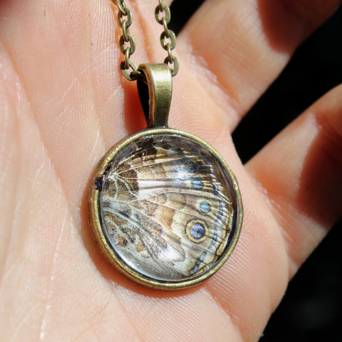 Handcrafted Artisan Jewelry ~ Painted Lady Butterfly Wing ~ Underside of Bottom Wing ~ Glass Pendant ~ All Goods From The Woods ~ Made in California