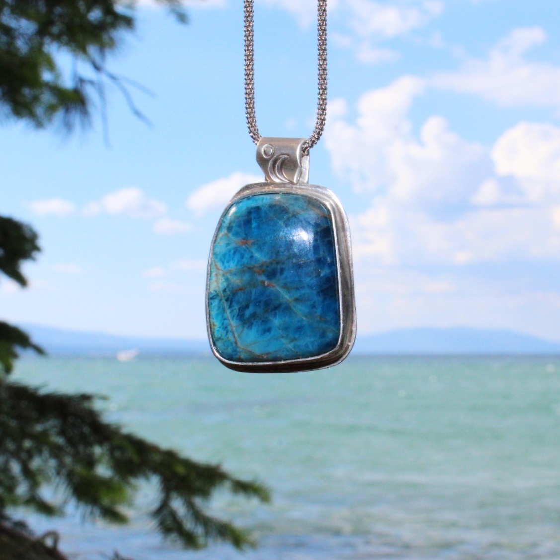 Handcrafted Artisan Jewelry ~ Blue Apatite ~ Waxing Cresent Moon Necklace ~ Sterling Silver ~ All Goods From The Woods ~ Made in California