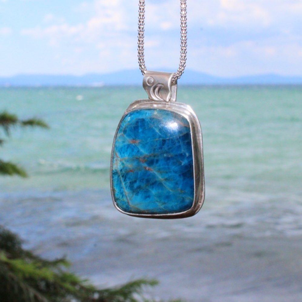 Handcrafted Artisan Jewelry ~ Blue Apatite ~ Waxing Cresent Moon Necklace ~ Sterling Silver ~ All Goods From The Woods ~ Made in California
