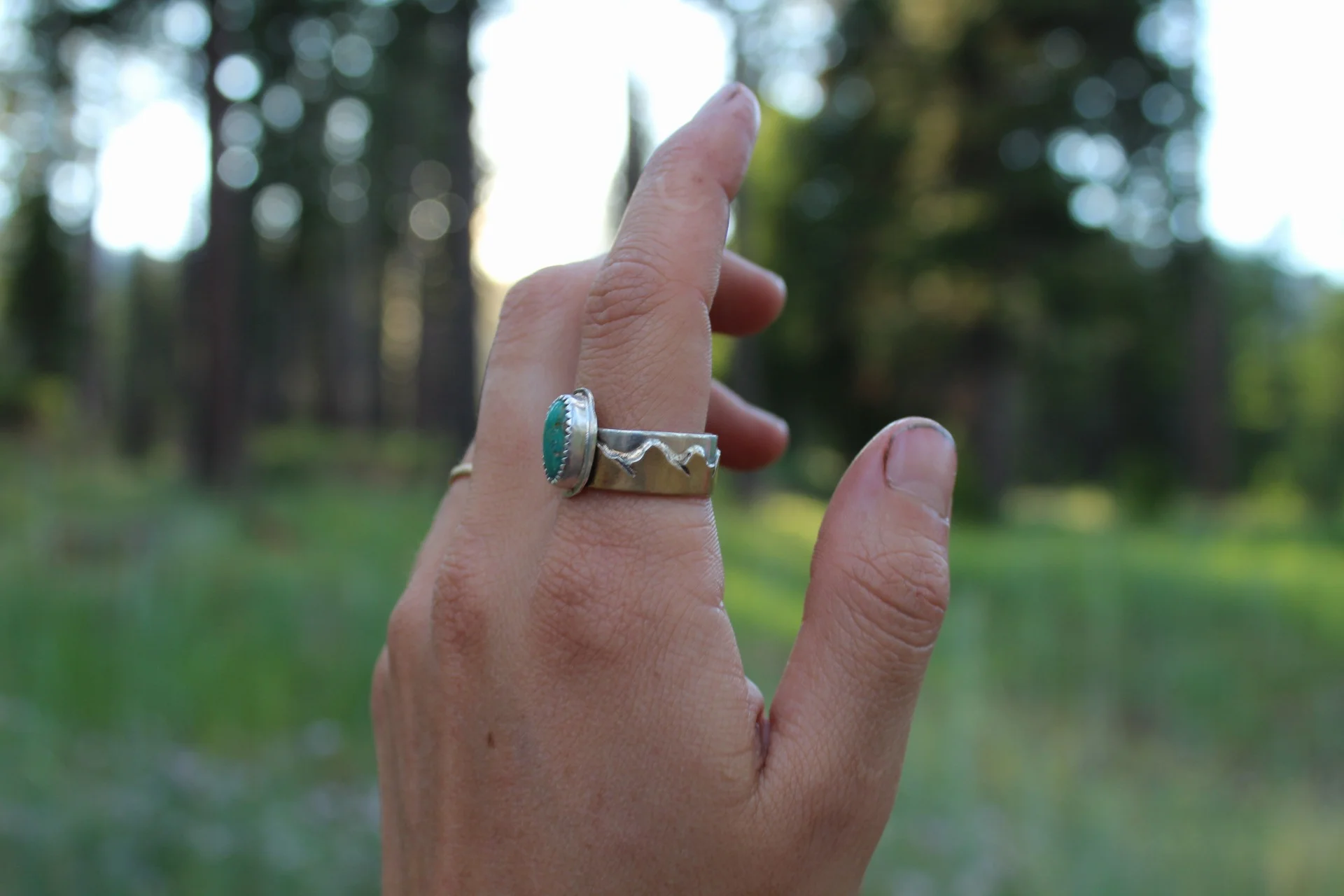 Handcrafted Artisan Jewelry ~ Kingman Turquoise  ~ Eastern Sierra Mountain Range Ring  ~ Mixed Metal - Size 9 ~ All Goods From The Woods ~ Made in California