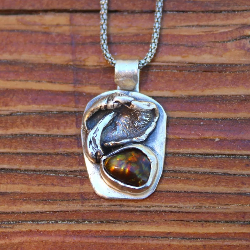 Handcrafted Artisan Jewelry ~ Fire Agate + Genuine Mushroom ~ Sterling Silver Necklace ~ All Goods From The Woods ~ Made in California