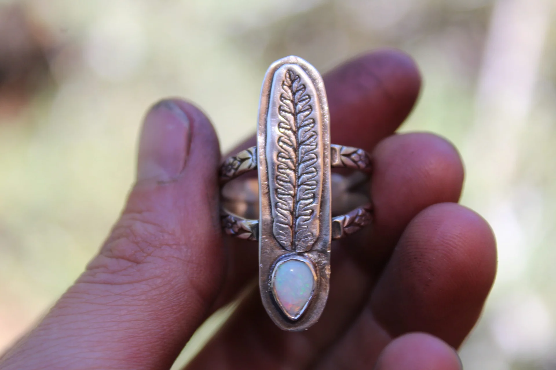 Handcrafted Artisan Jewelry ~ Lavender Leaf + Opal ~ Double Floral Band Ring - Size 9 ~ All Goods From The Woods ~ Made in California