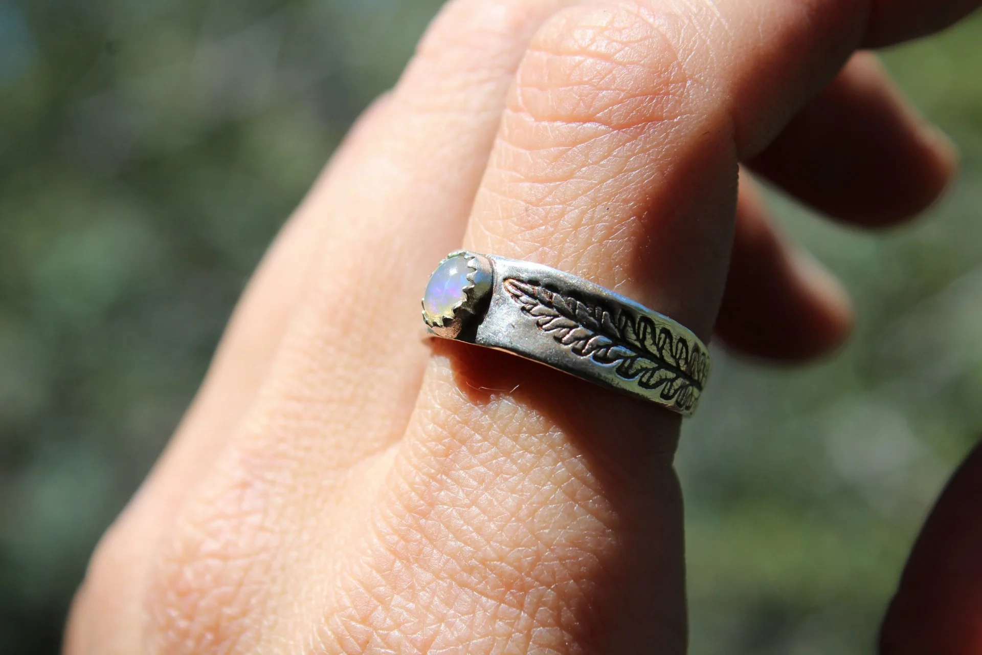 Handcrafted Artisan Jewelry ~ Opal + Lavender Leaf  Ring - Sterling + Fine Silver - Size 7.75 ~ All Goods From The Woods ~ Made in California