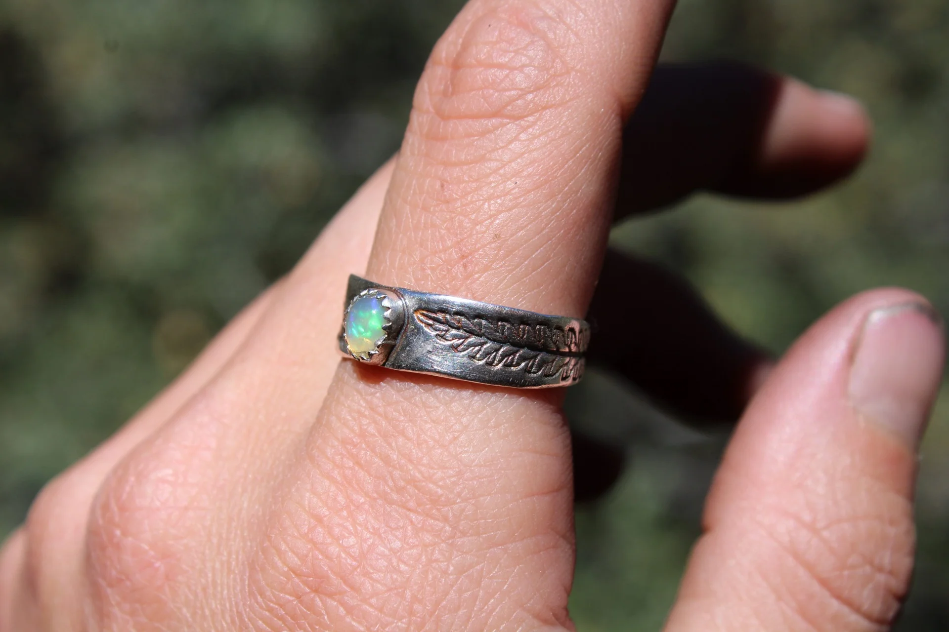 Handcrafted Artisan Jewelry ~ Opal + Lavender Leaf  Ring - Sterling + Fine Silver - Size 7.75 ~ All Goods From The Woods ~ Made in California