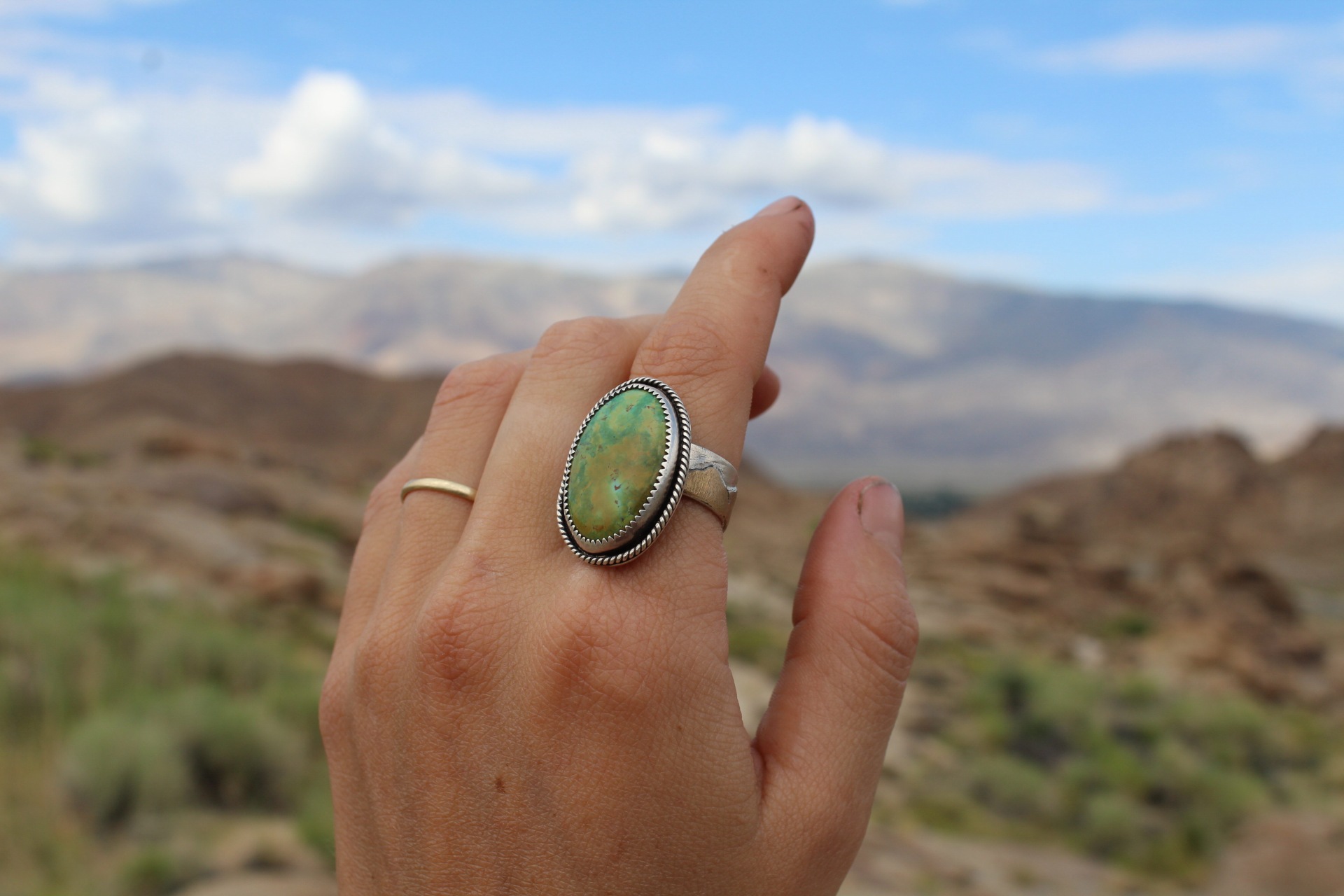 Handcrafted Artisan Jewelry ~ Green Kingman Turquoise ~ Eastern Sierra Mountain Range Ring  ~ Mixed Metal - Size ~ All Goods From The Woods ~ Made in California