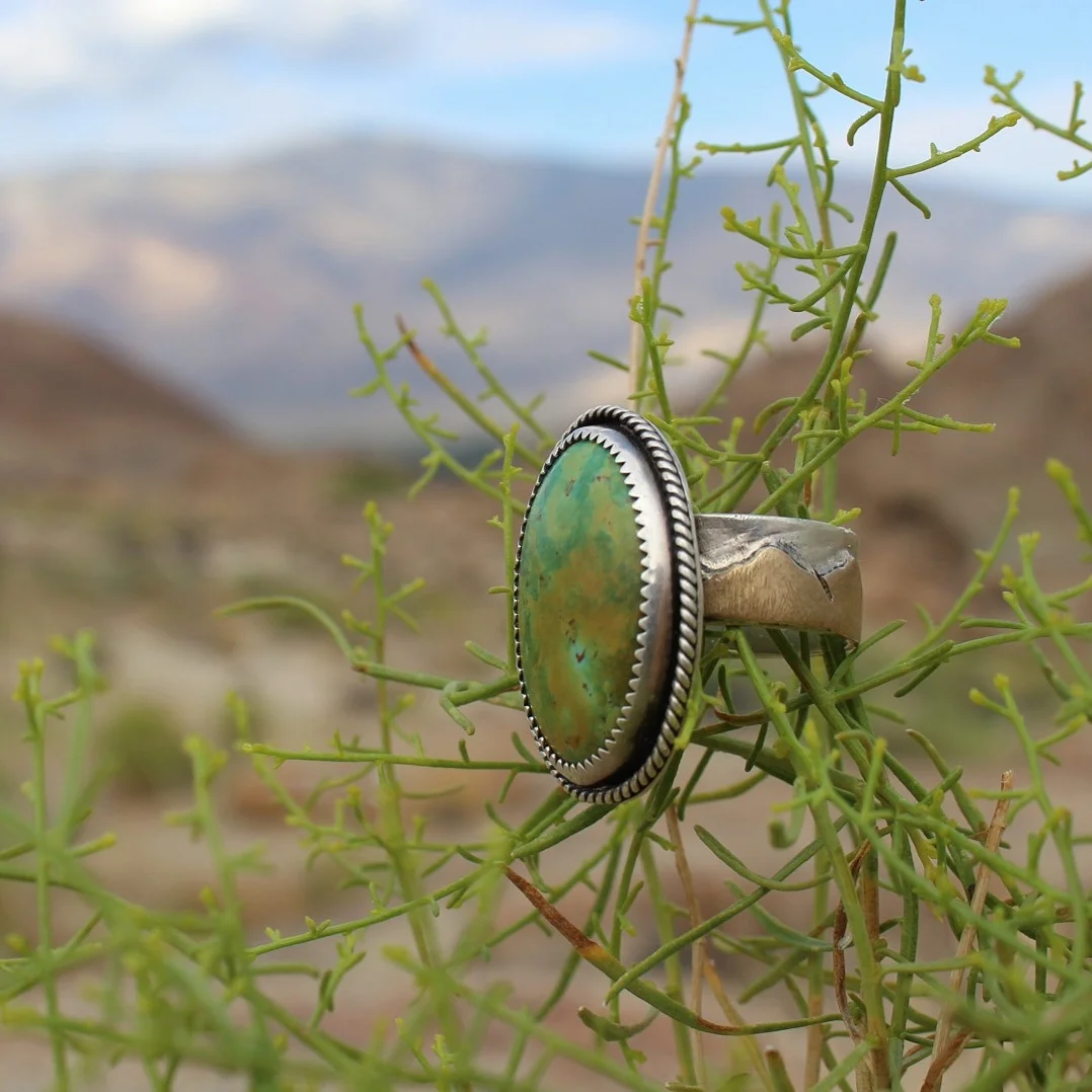 Handcrafted Artisan Jewelry ~ Green Kingman Turquoise ~ Eastern Sierra Mountain Range Ring ~ Mixed Metal - Size ~ All Goods From The Woods ~ Made in California
