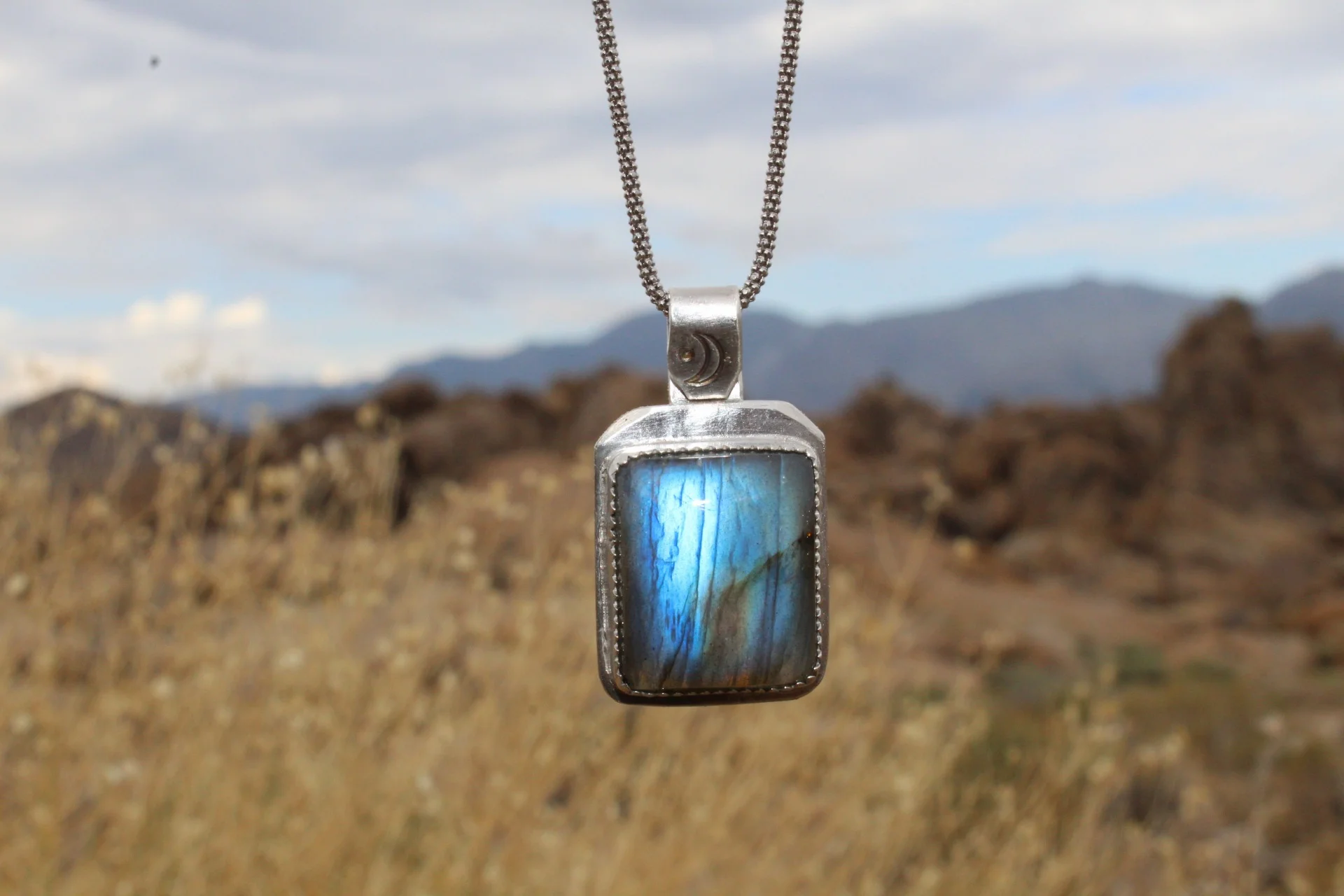 Handcrafted Artisan Jewelry ~ Labradorite Square ~ Cresent Moon Necklace ~ Sterling Silver ~ All Goods From The Woods ~ Made in California