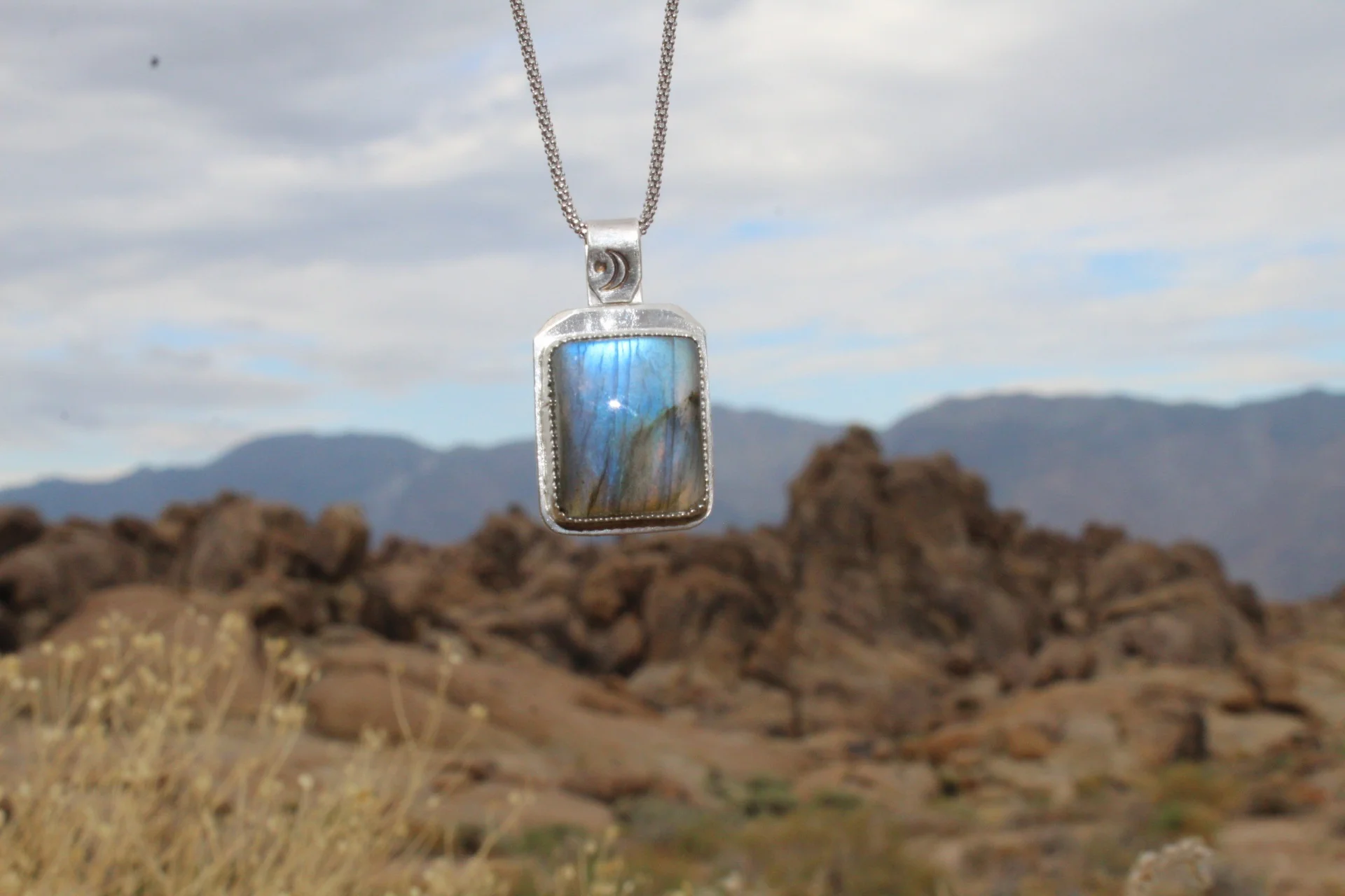 Handcrafted Artisan Jewelry ~ Labradorite Square ~ Cresent Moon Necklace ~ Sterling Silver ~ All Goods From The Woods ~ Made in California