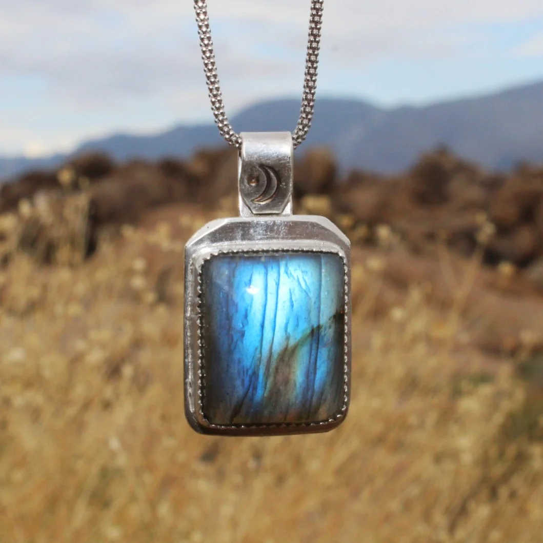 Handcrafted Artisan Jewelry ~ Labradorite Square ~ Cresent Moon Necklace ~ Sterling Silver ~ All Goods From The Woods ~ Made in California