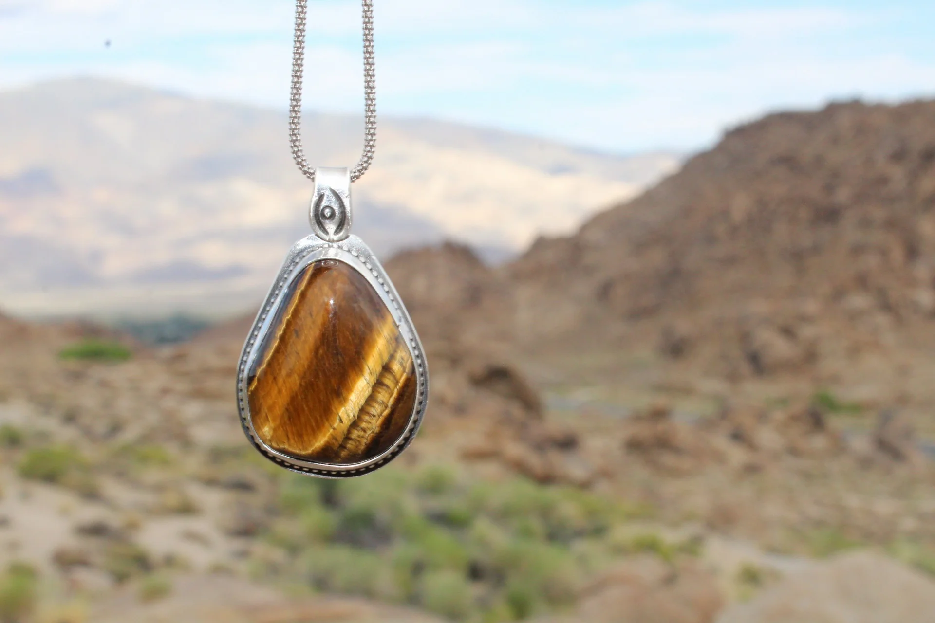 Handcrafted Artisan Jewelry ~ Tiger's Eye Teardrop Necklace ~ Sterling Silver  ~ All Goods From The Woods ~ Made in California