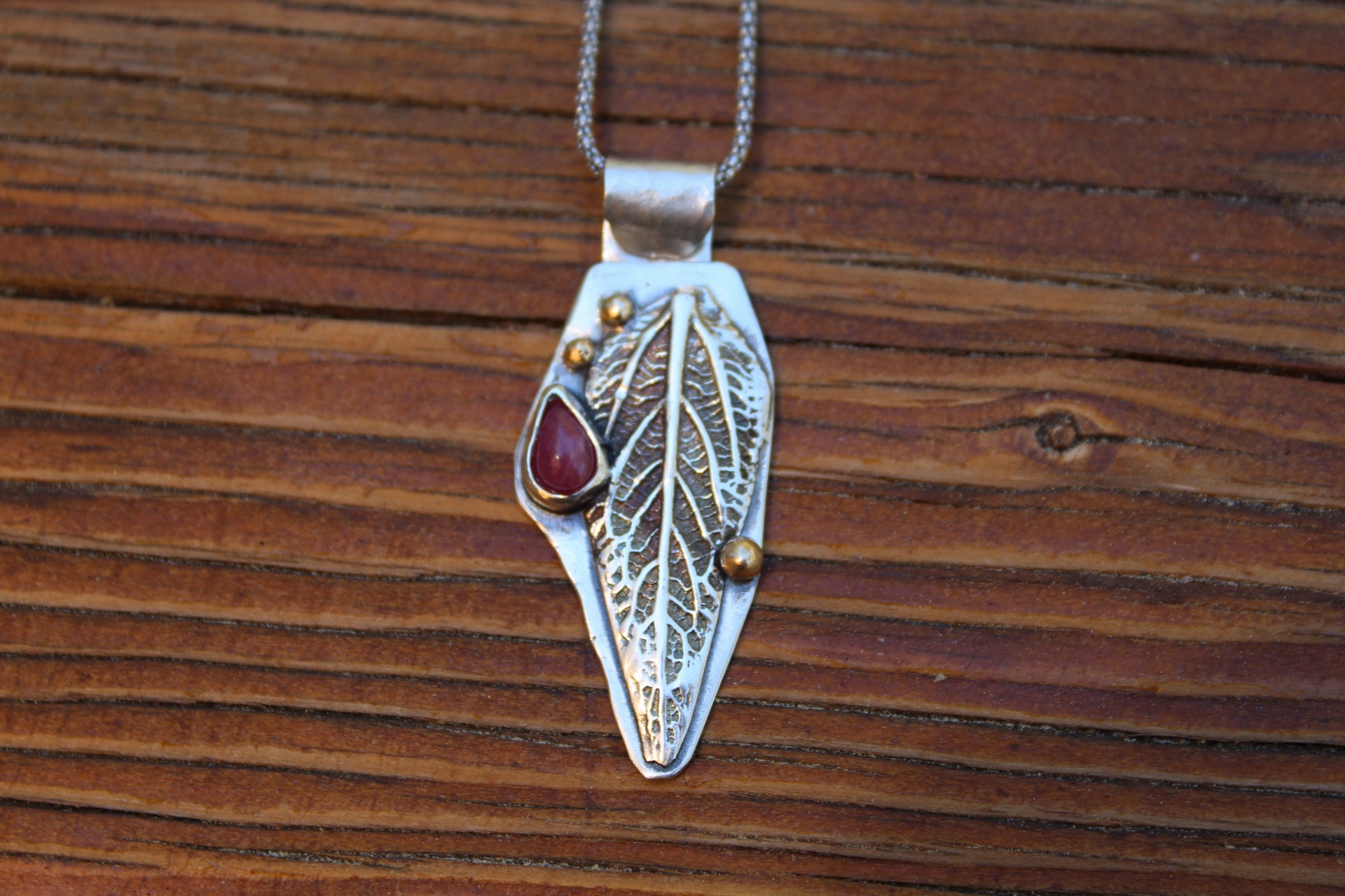  Handcrafted Artisan Jewelry ~ Ruby + Queen of the Meadow Leaf (Eutrochium Purpureum) - Sterling Silver Necklace ~ All Goods From The Woods ~ Made in California