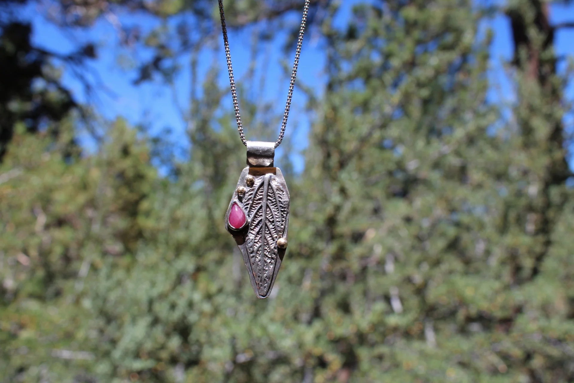  Handcrafted Artisan Jewelry ~ Ruby + Queen of the Meadow Leaf (Eutrochium Purpureum) - Sterling Silver Necklace ~ All Goods From The Woods ~ Made in California
