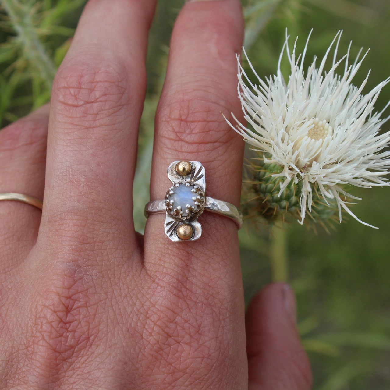 Handcrafted Artisan Jewelry ~ Moonstone Ring ~ Made in the Flow ~ Mixed Metal - Size 7 (adjustable band) ~ All Goods From The Woods ~ Made in California