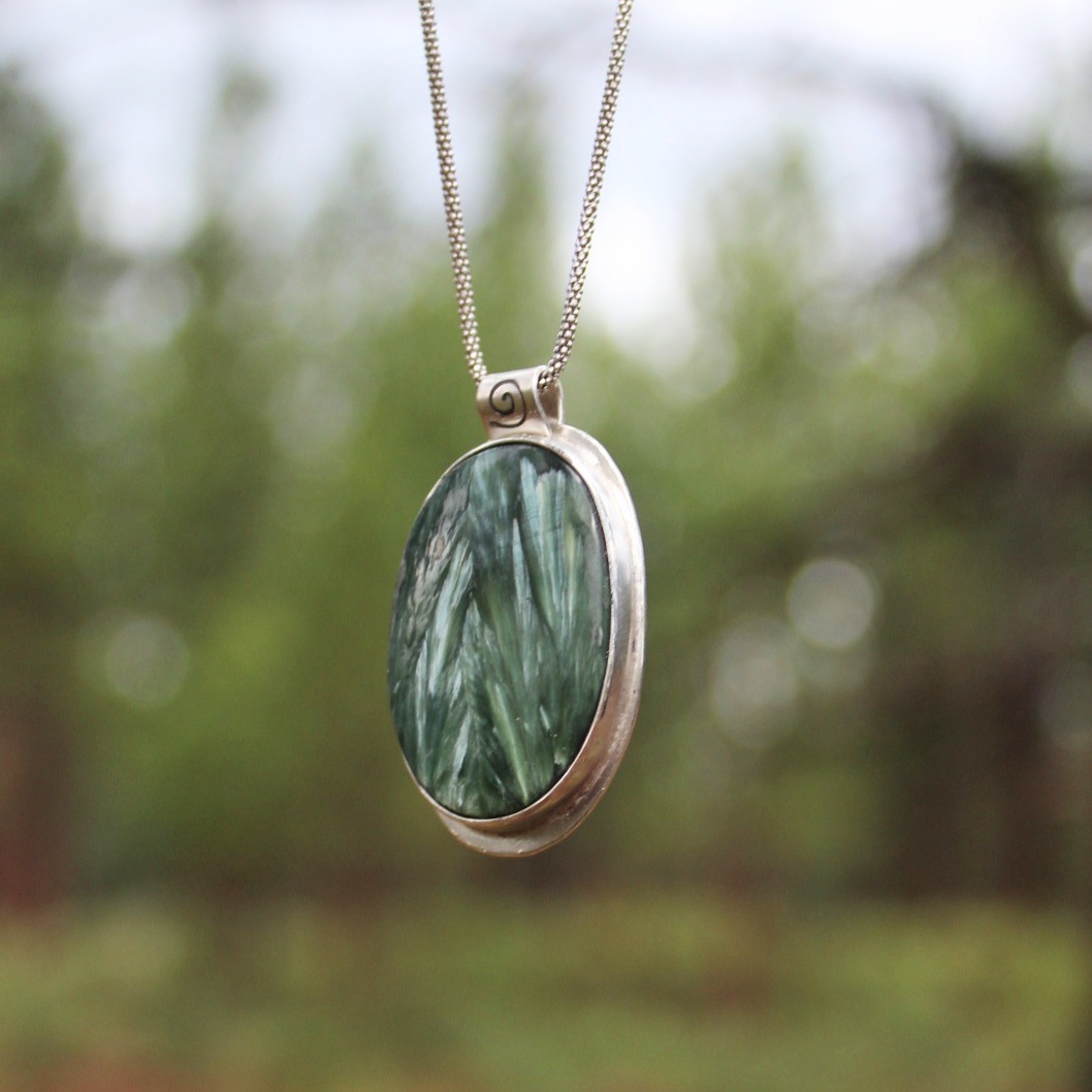 Handcrafted Artisan Jewelry ~ Large Seraphinite + Spiral of Life ~ Sterling Silver Necklace ~ All Goods From The Woods ~ Made in California