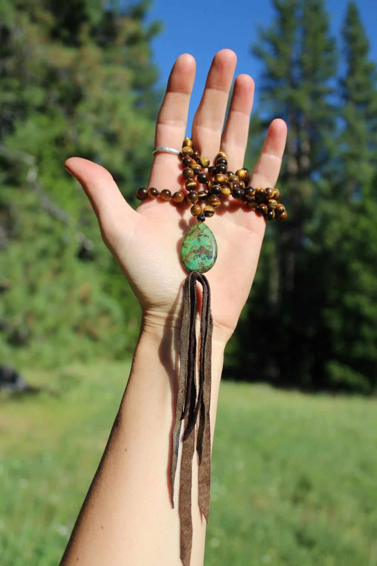 Handcrafted Artisan Jewelry ~ African Turquoise + Tigers Eye Mala ~ 108 Beads ~ Strung with Intention for Meditation ~ All Goods From The Woods ~ Made in California