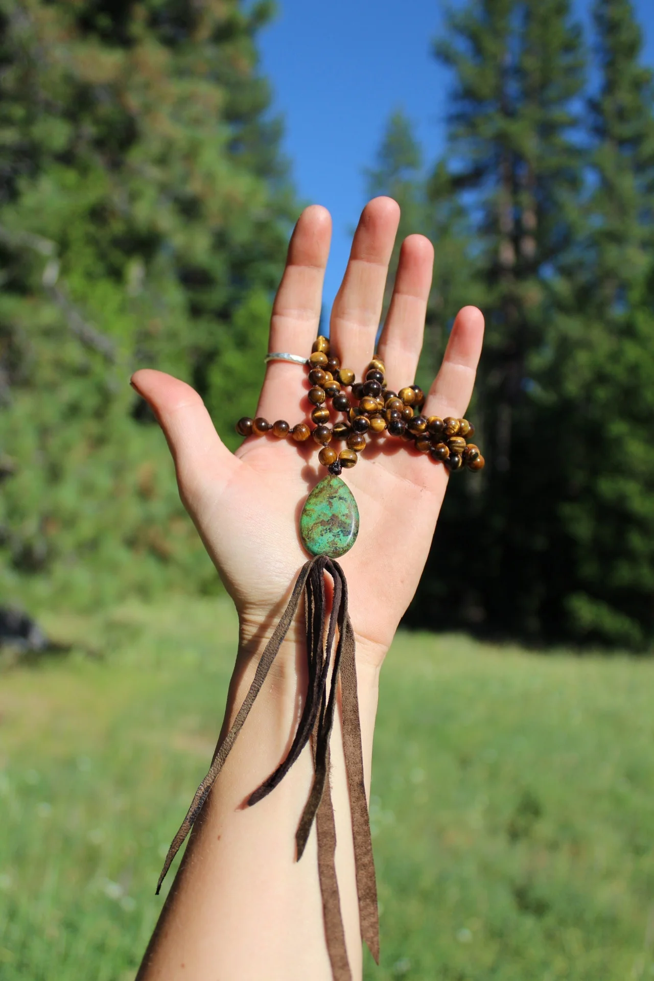 Handcrafted Artisan Jewelry ~ African Turquoise + Tigers Eye Mala ~ 108 Beads ~ Strung with Intention for Meditation ~ All Goods From The Woods ~ Made in California