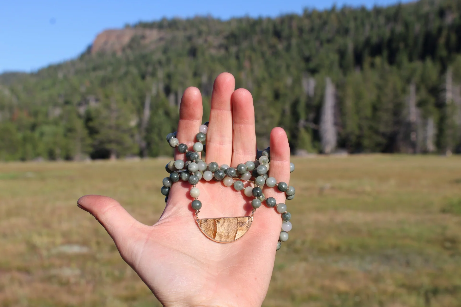  Handcrafted Artisan Jewelry ~ Green Hair Jasper + Picture Jasper MALA ~ 108 Beads ~ Strung with Intention for Meditation ~ All Goods From The Woods ~ Made in California