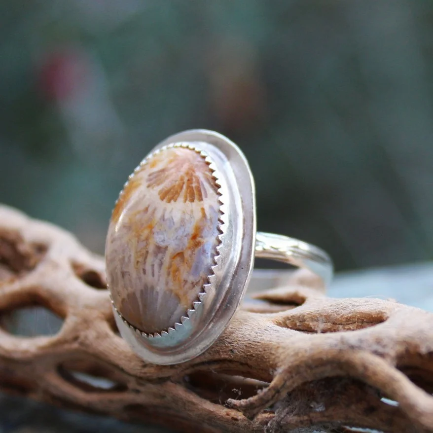 Handcrafted Artisan Jewelry ~ Fossilized Coral ~ Goddess of the Sea ~ Sterling Silver Ring ~ Size 8.25 ~ All Goods From The Woods ~ Made in California