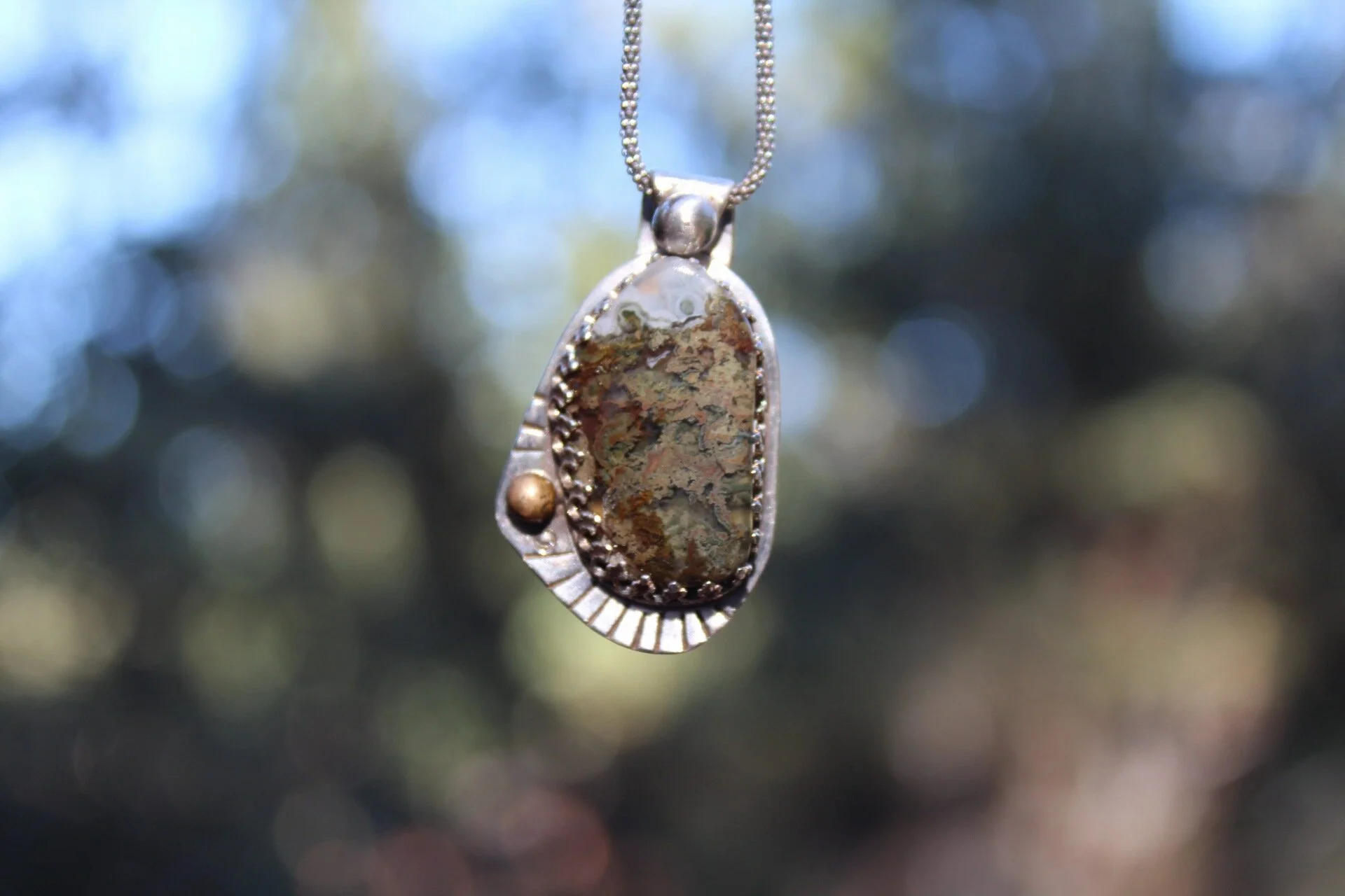 Handcrafted Artisan Jewelry ~  Moss Agate Necklace ~ Made in the F L O W ~ Goddess Setting ~ Sterling Silver ~ All Goods From The Woods ~ Made in California