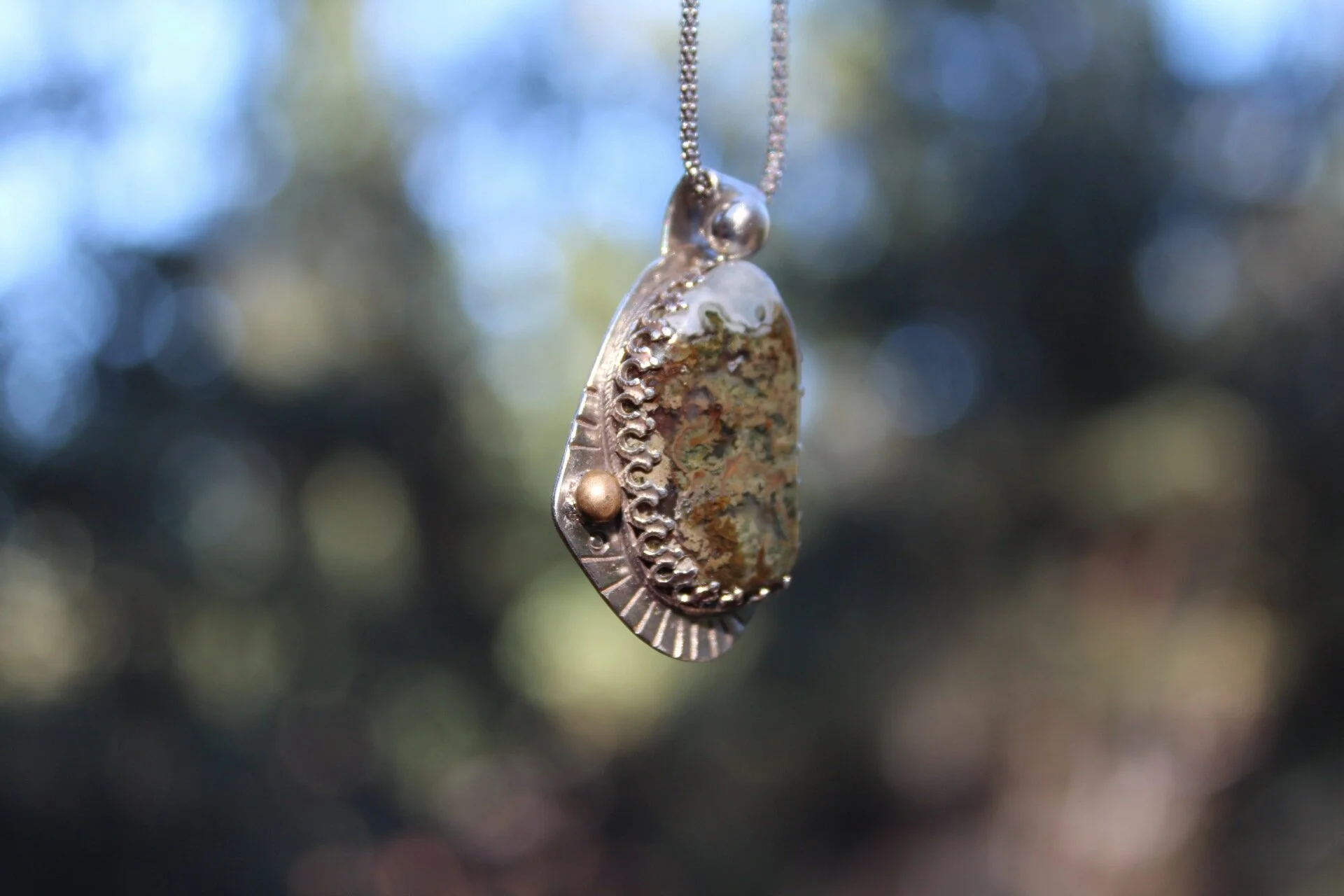 Handcrafted Artisan Jewelry ~  Moss Agate Necklace ~ Made in the F L O W ~ Goddess Setting ~ Sterling Silver ~ All Goods From The Woods ~ Made in California