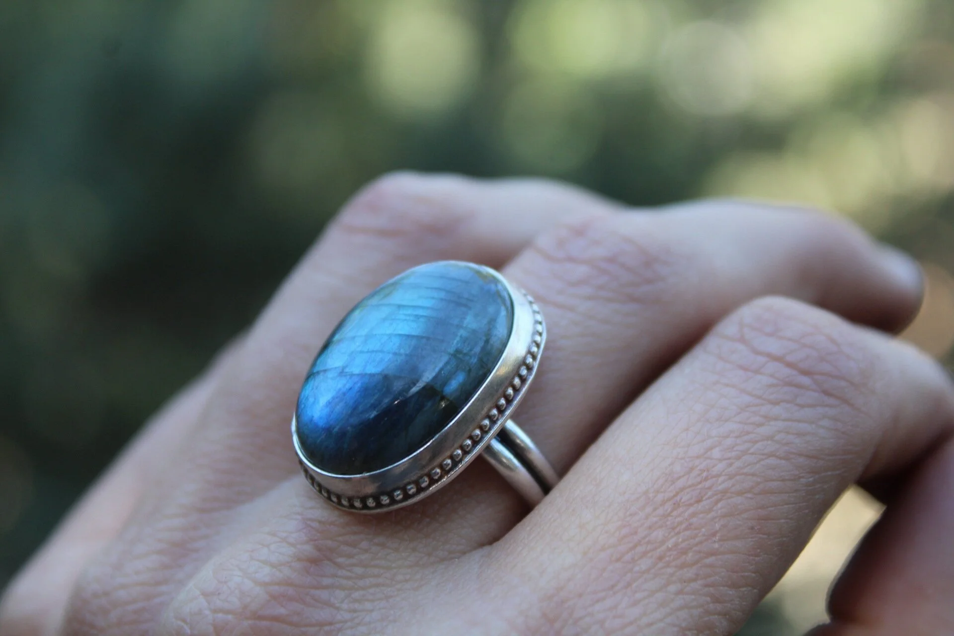 Handcrafted Artisan Jewelry ~ Large Labradorite Ring - Double Band ~ Sterling Silver - Size 8.5 ~ All Goods From The Woods ~ Made in California